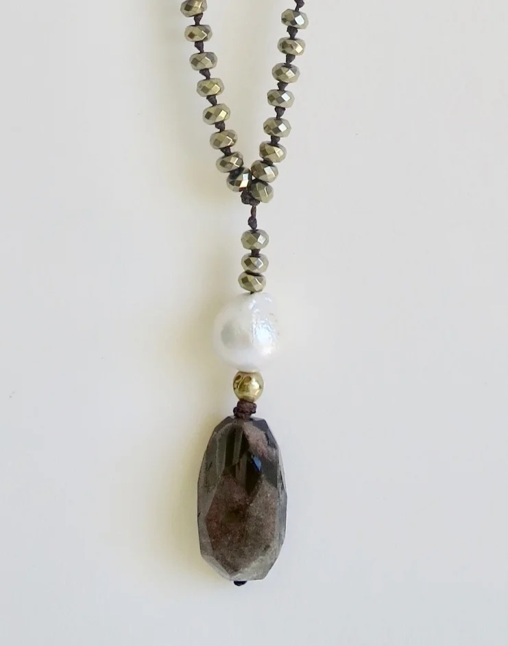 Jewelry Jewellery Smokey Quartz long necklace with Pyrite
