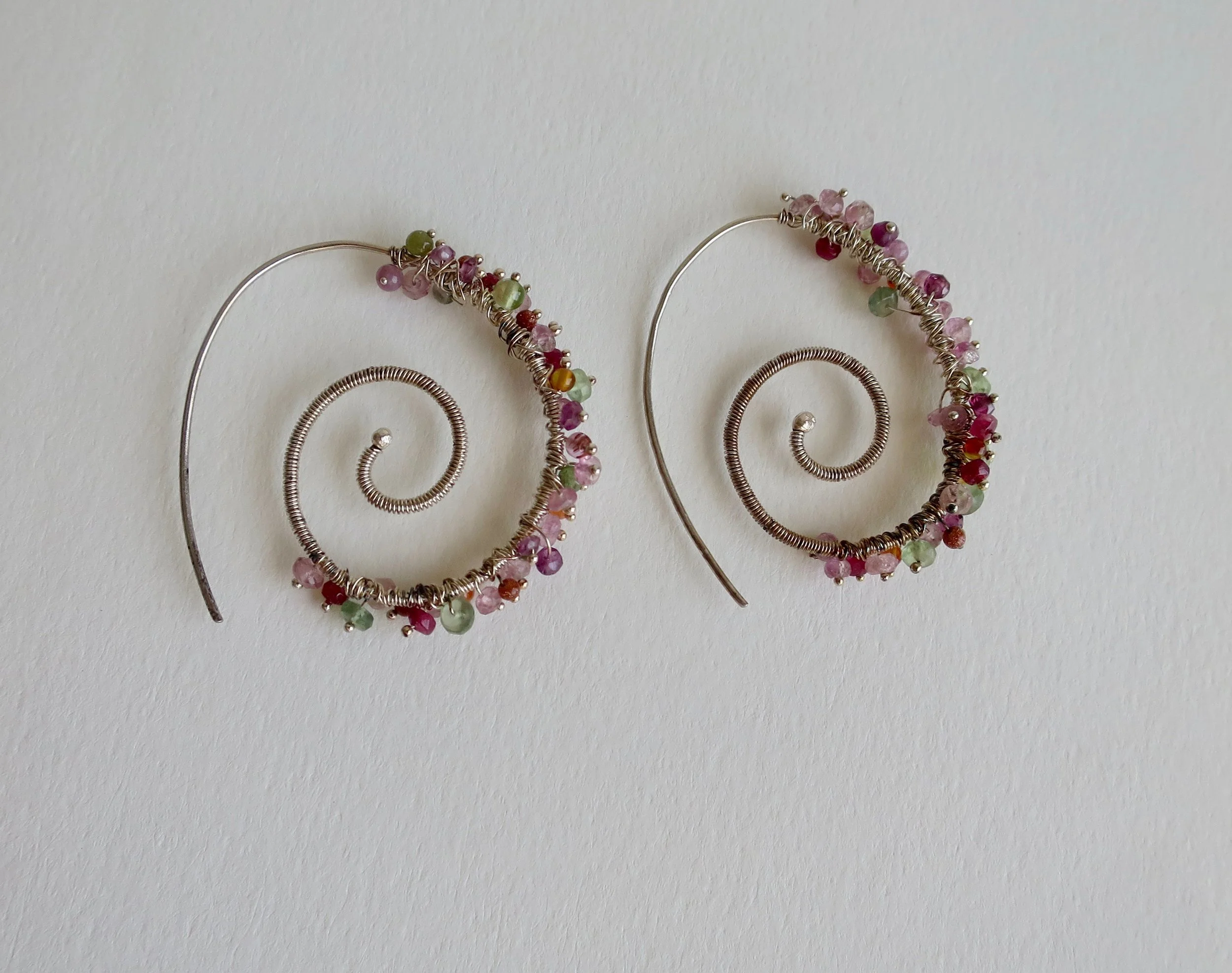 Spiral earrings with Tourmaline, Carnelian and Peridot