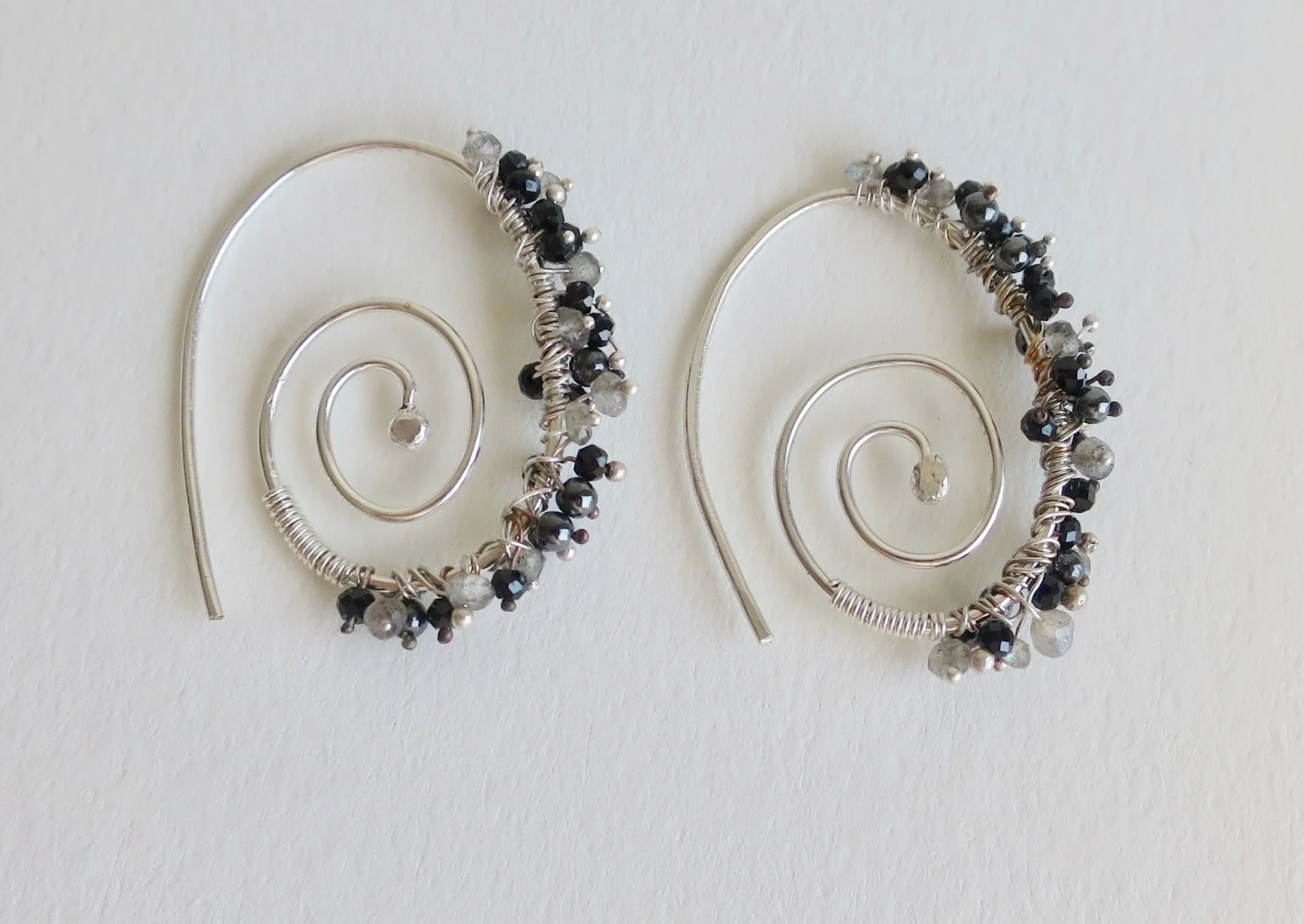 Jewelry Jewellery Silver spiral earrings with Labradorite and Spinel