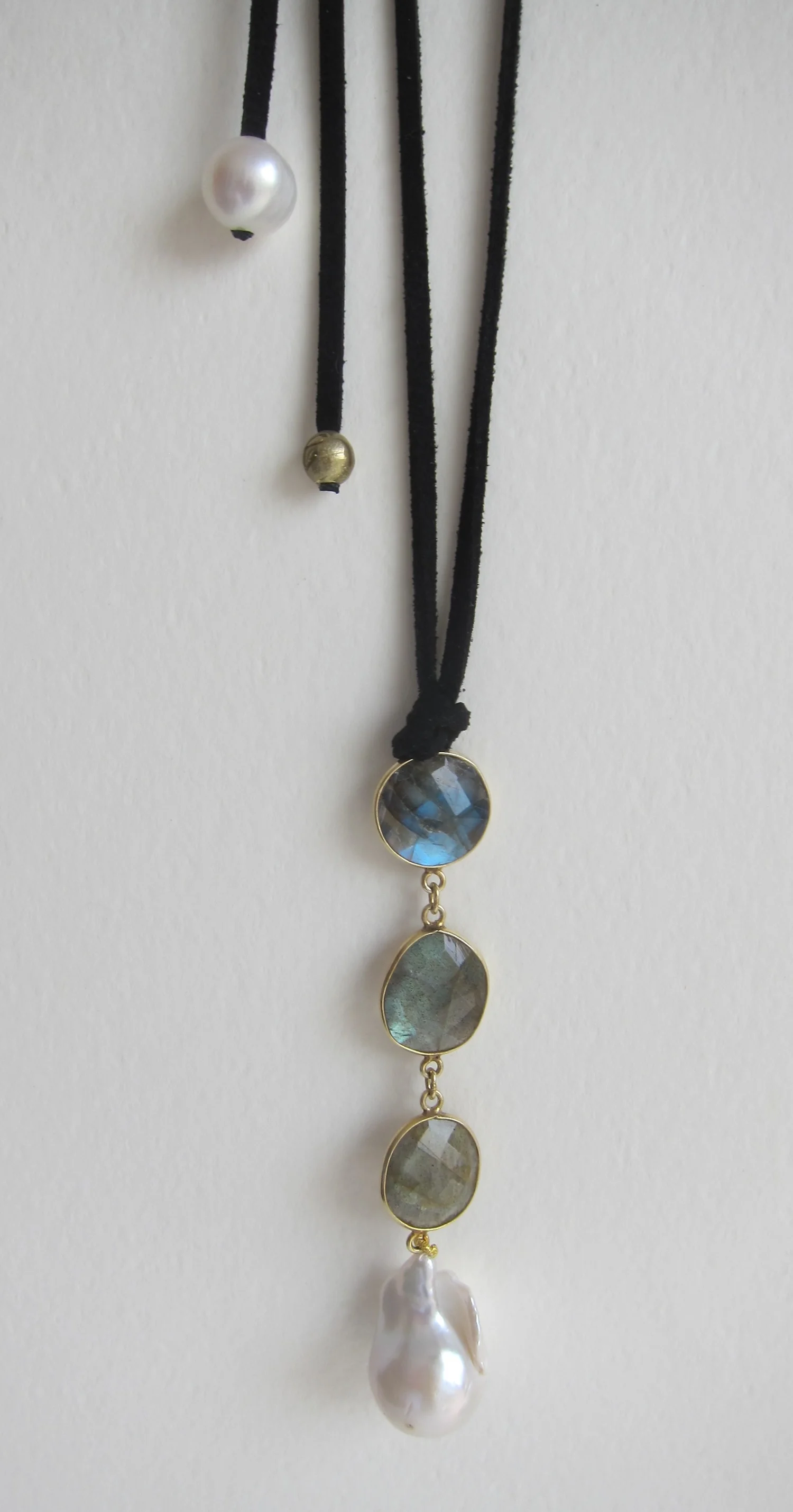 Labradorite and Large pearl drop on suede tie neckpiece with Pearl backdrop