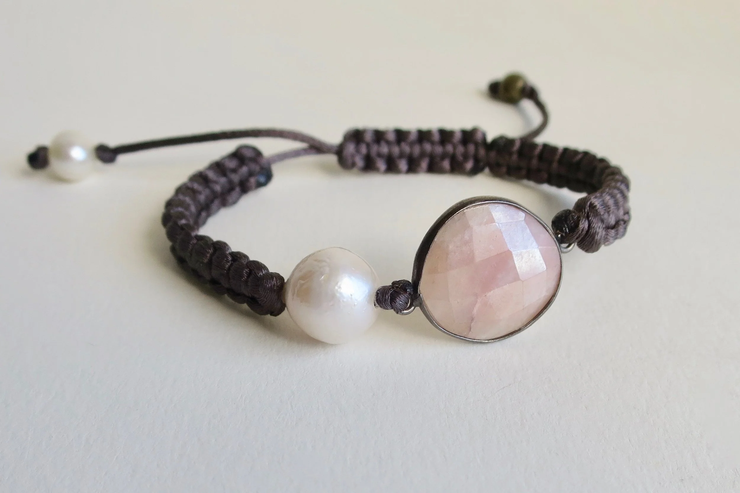 Rose Quartz and Pearl satin bracelet