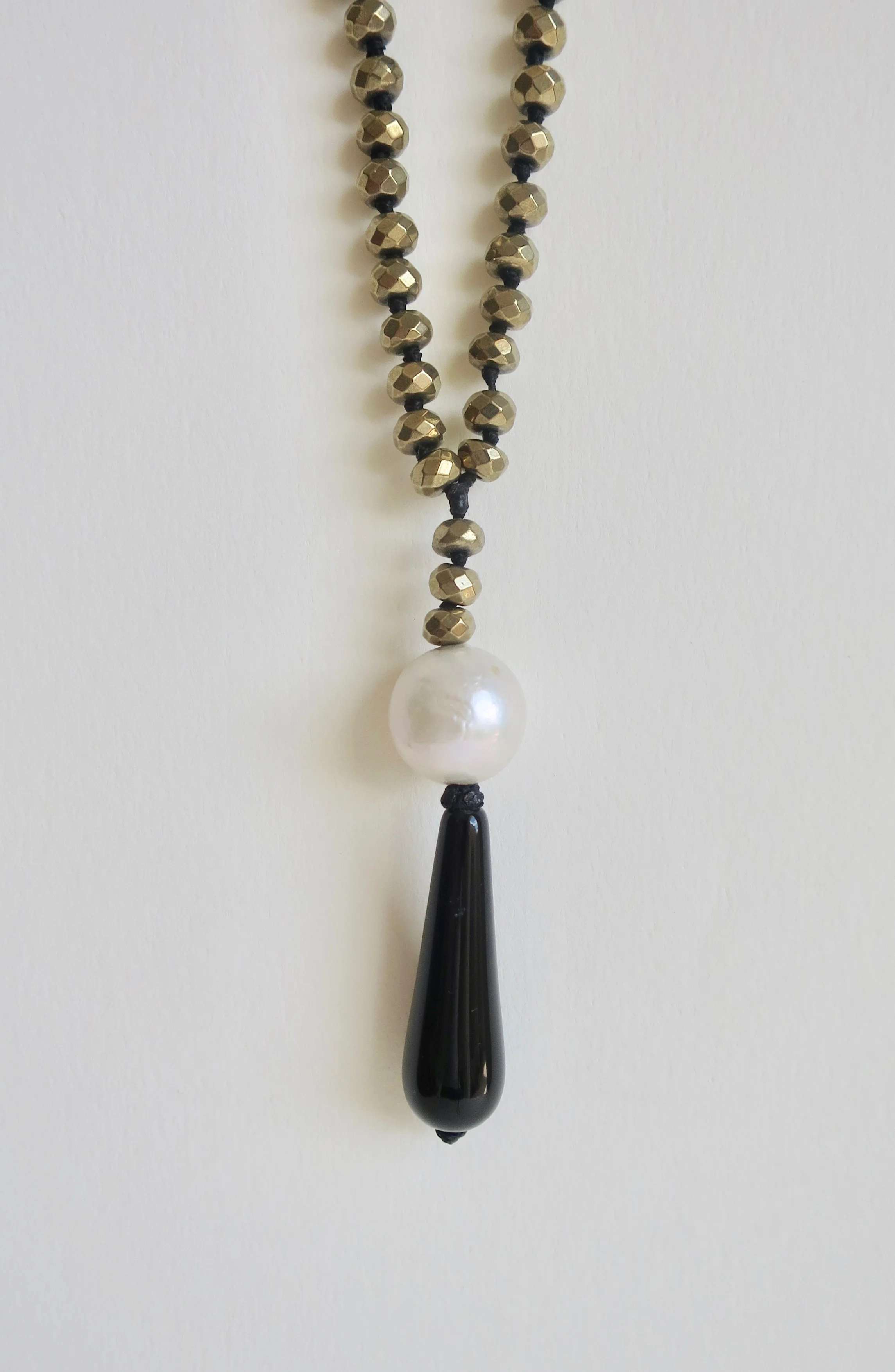 Black Onyx with Pyrite long necklace with Pearl and Onyx drop