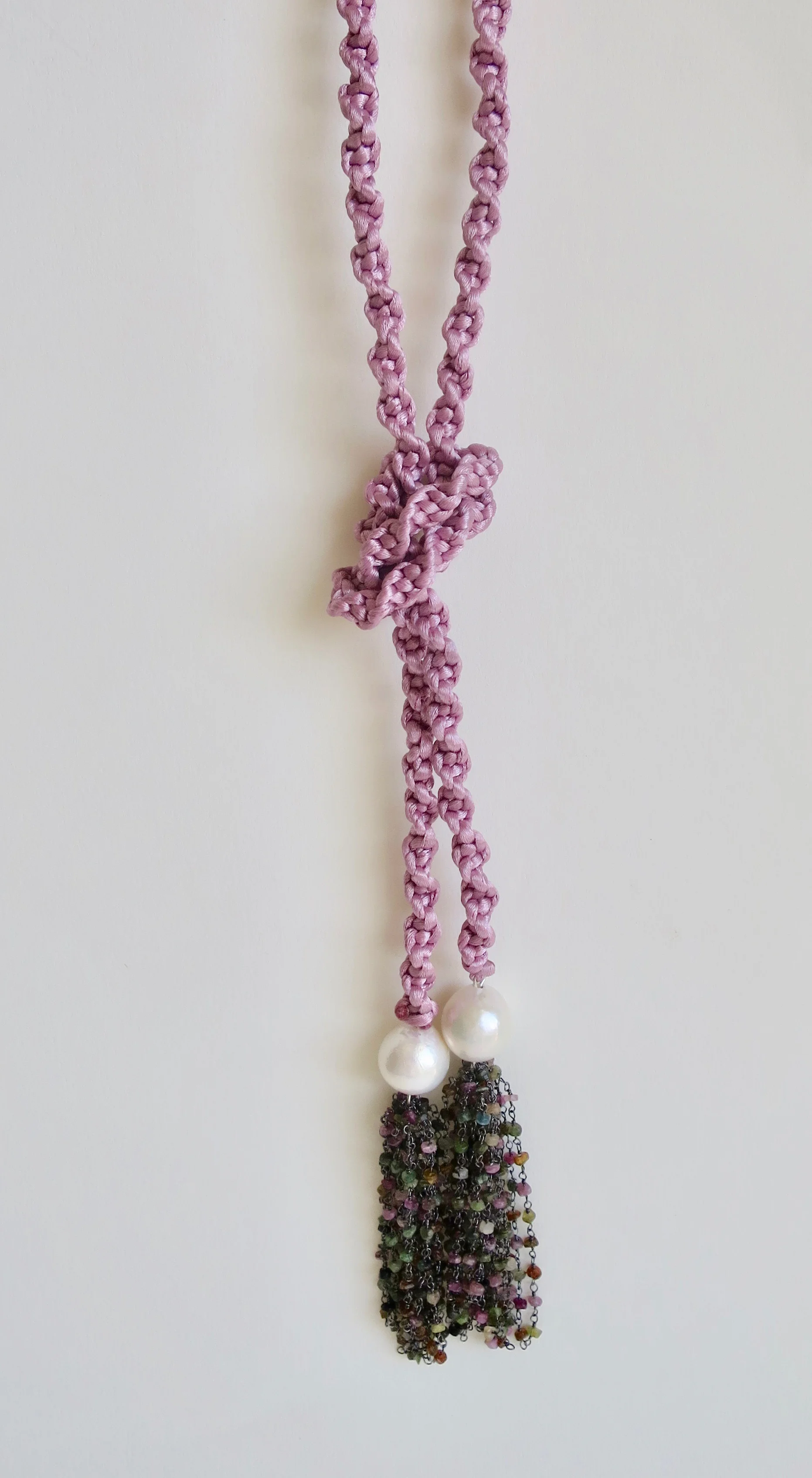Long knitted satin tie neckpiece with Pearls and Tourmaline