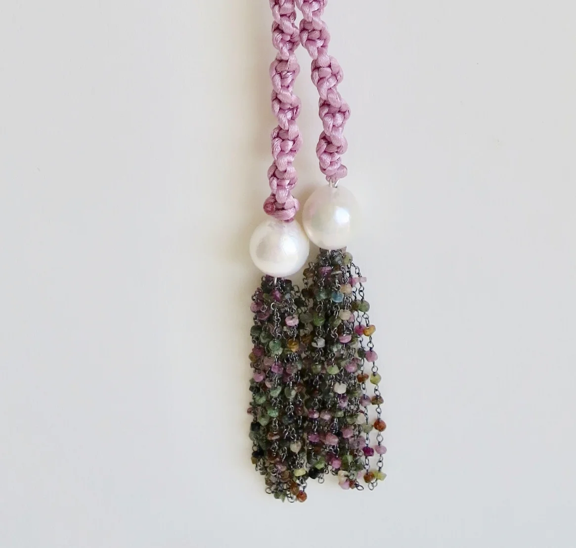 Jewelry Jewellery Long knitted satin neckpiece with Pearls and Tourmaline