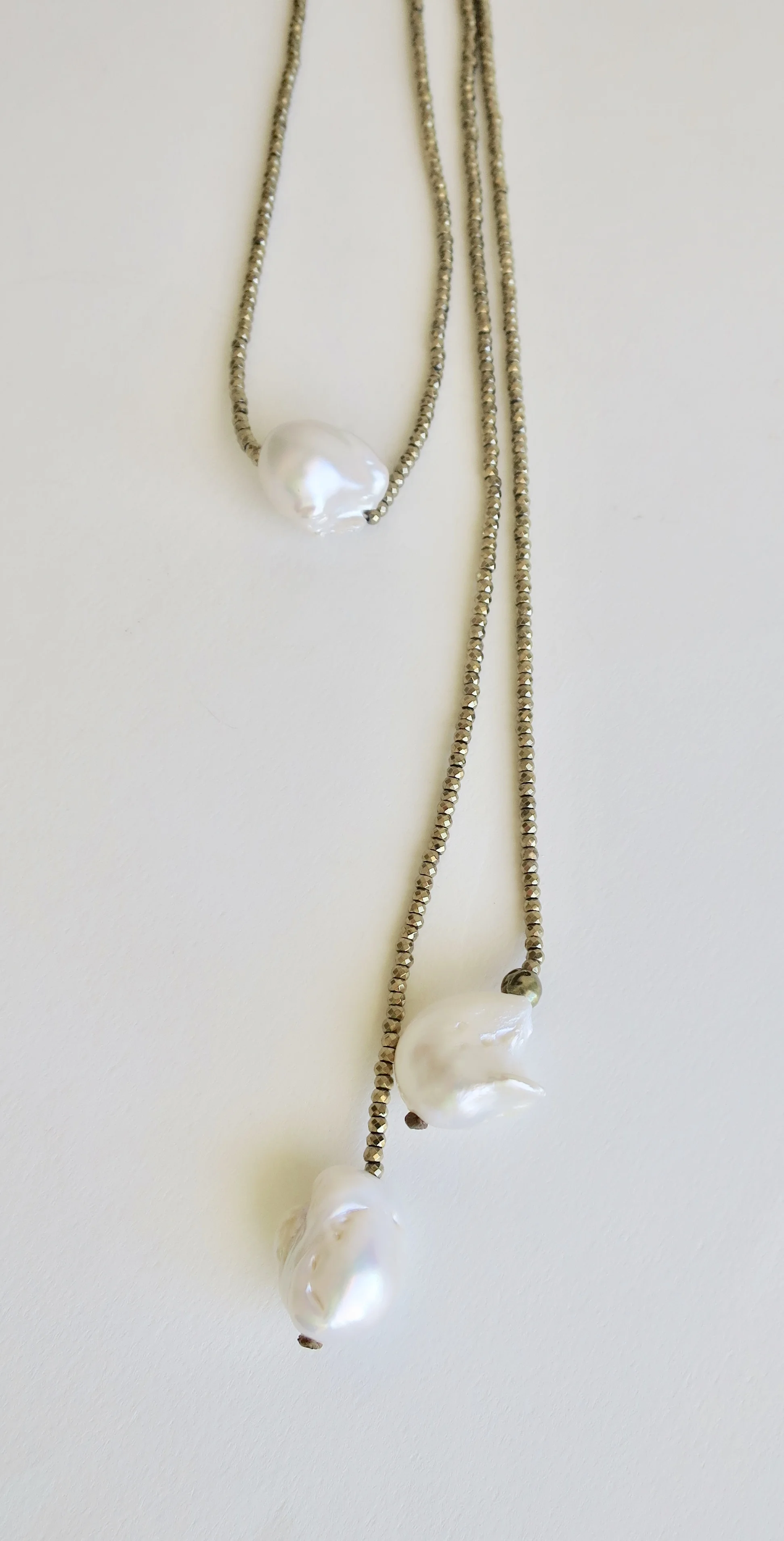 Long Pyrite necklace with large pearls