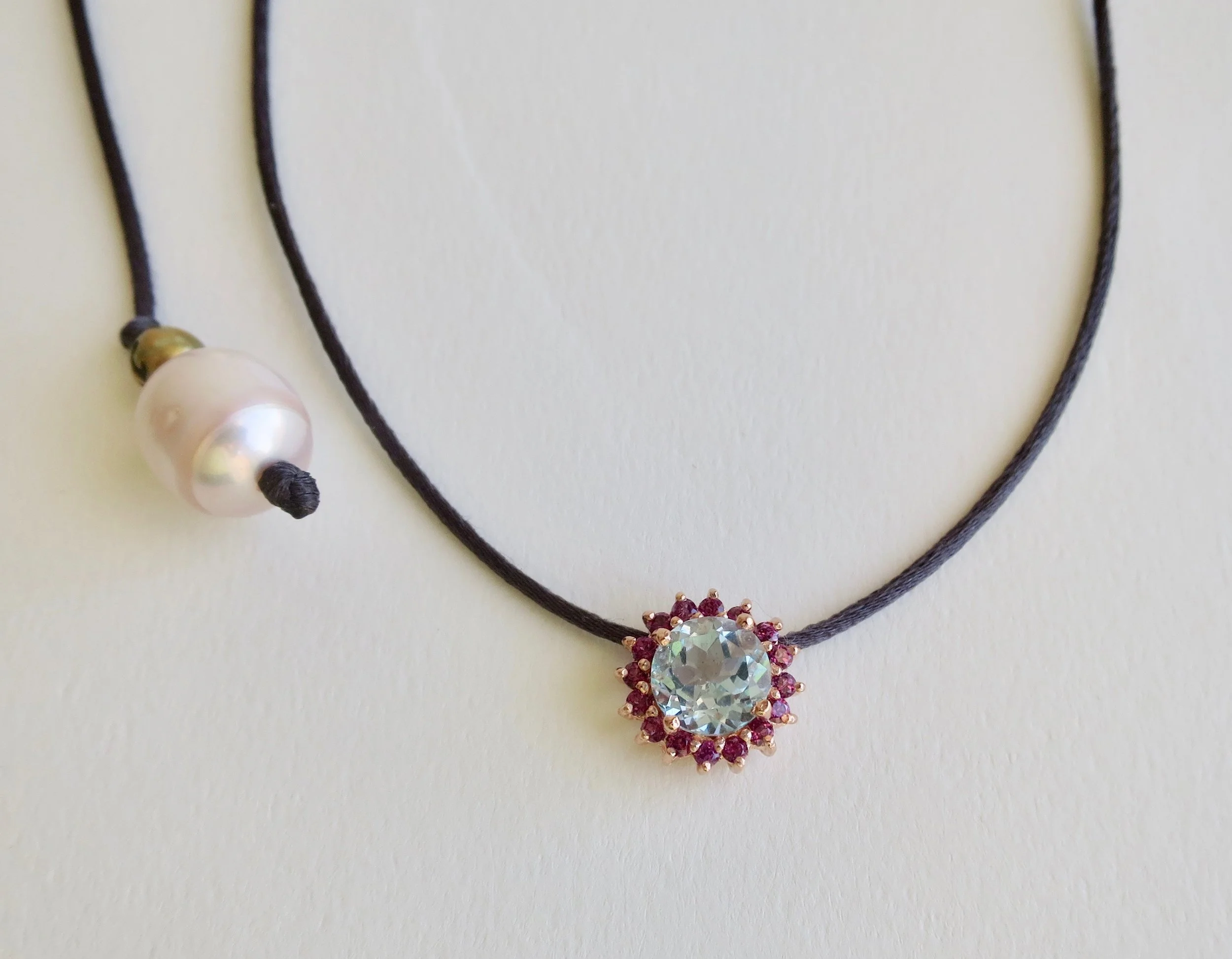 Choker neckpiece on Satin with Blue Topaz and Pink Sapphires