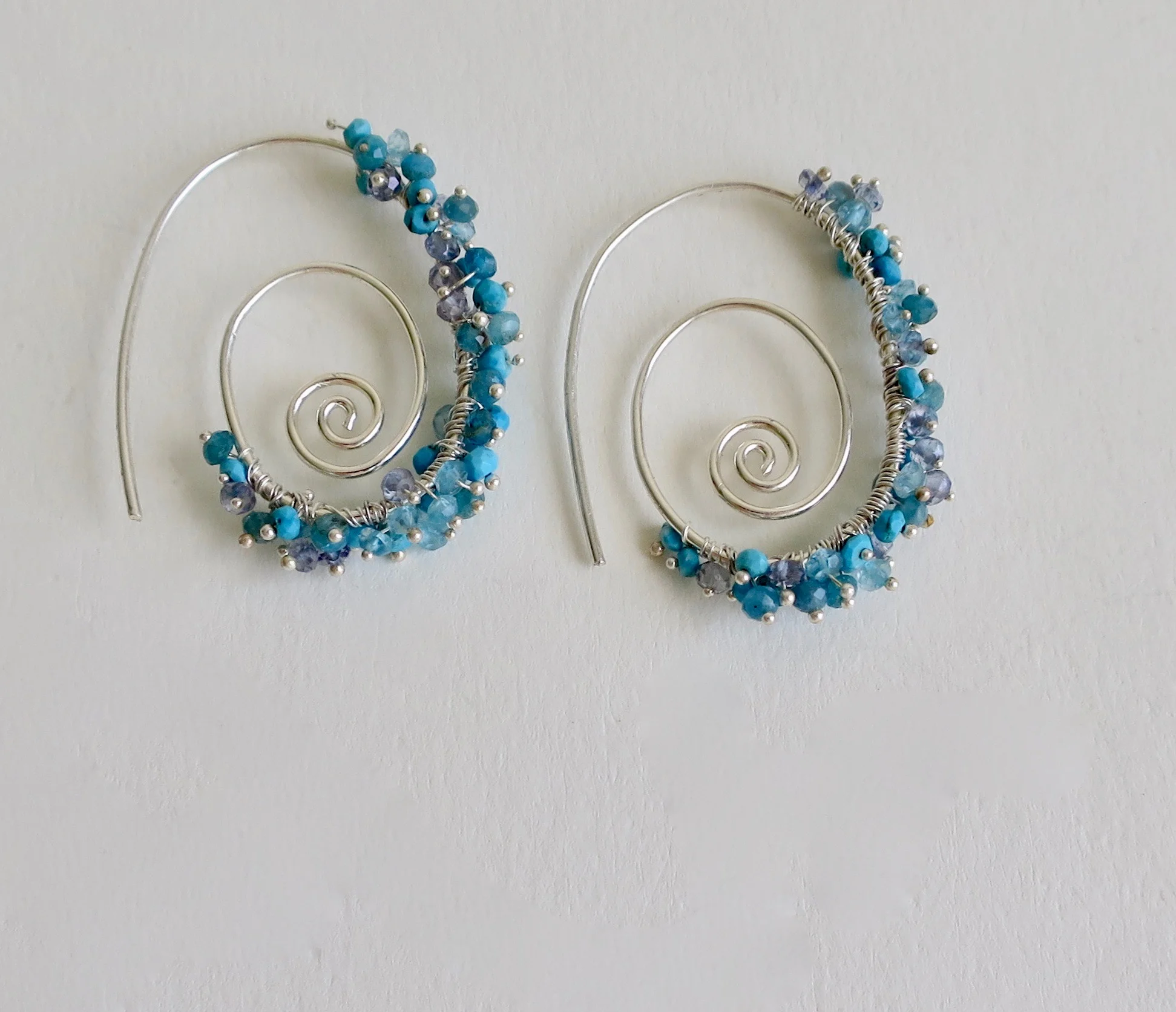 Spiral silver earrings with Turquoise, Topaz and Iolite