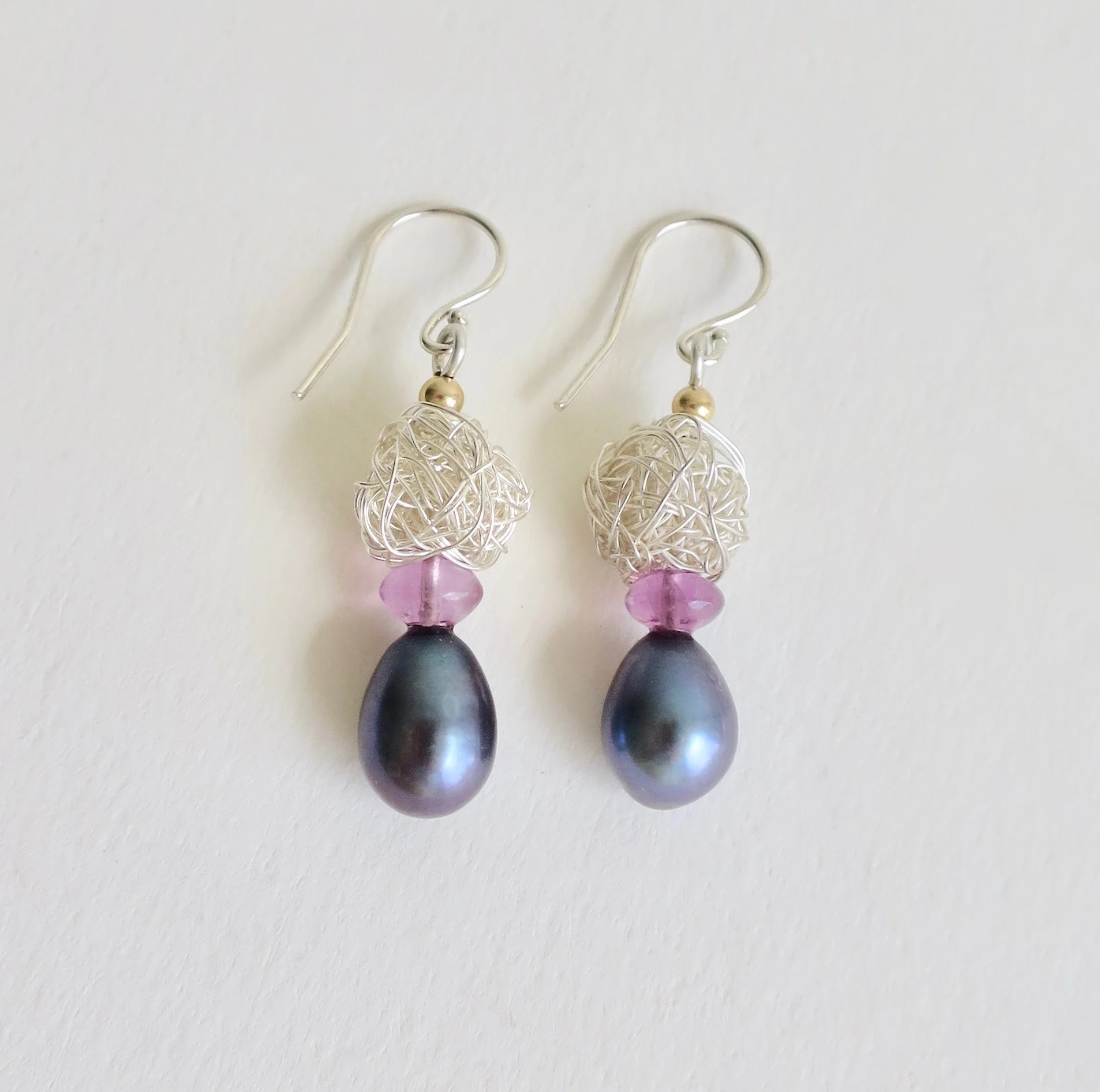 Handmade silver earrings with black Pearl and Tourmaline
