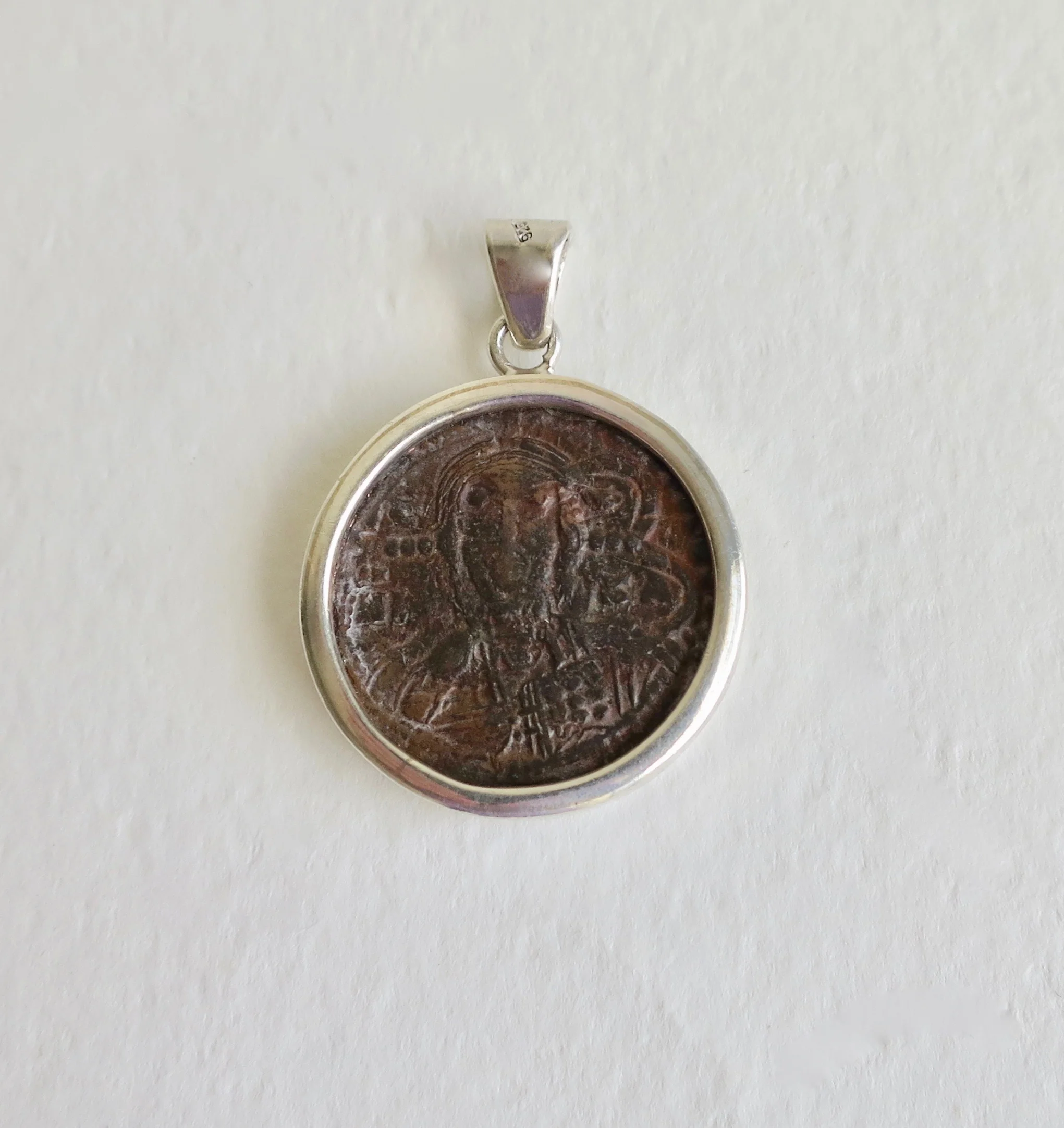 Byzantine bronze coin set in silver pendant