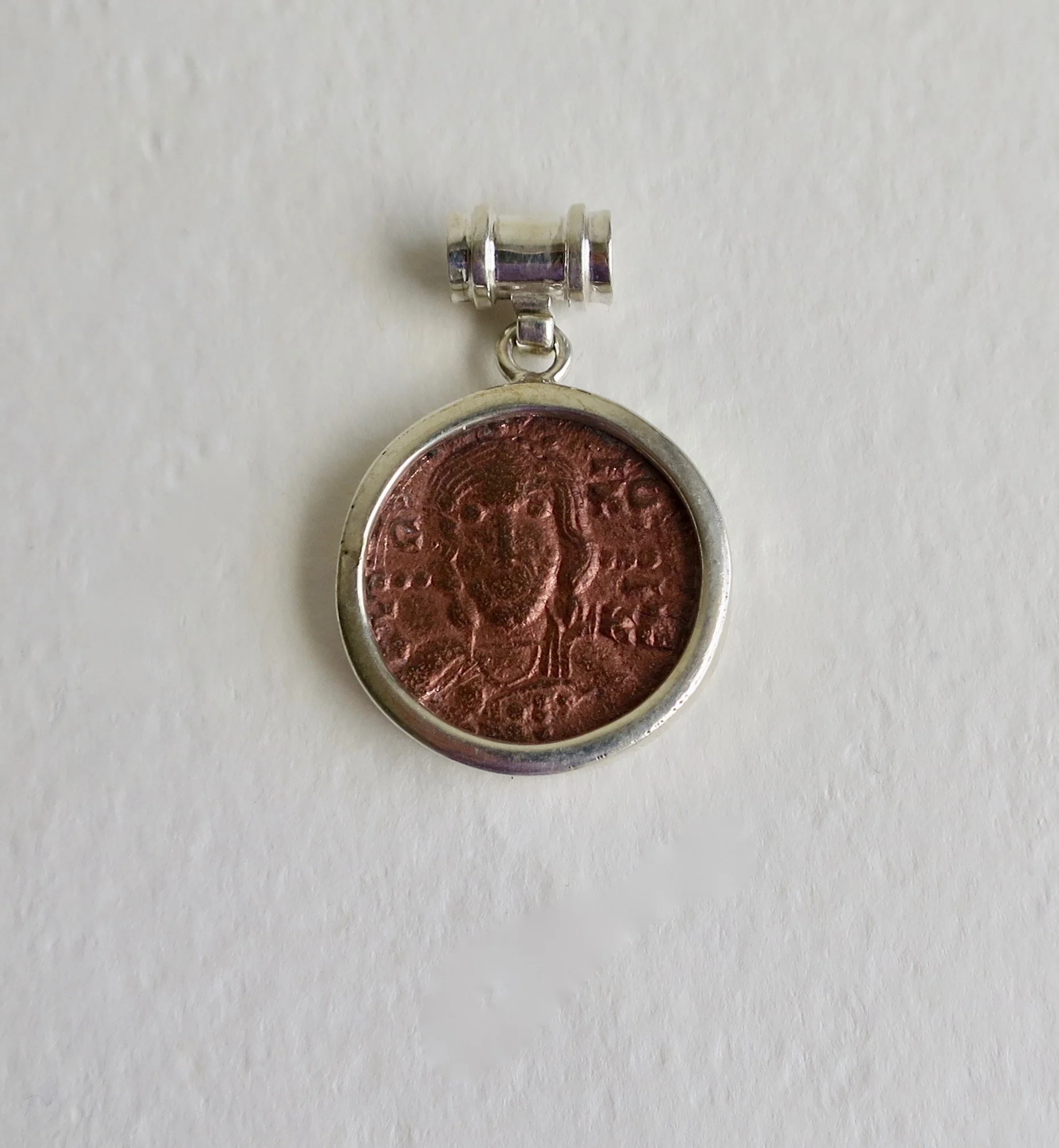 Byzantine bronze coin set in silver pendant