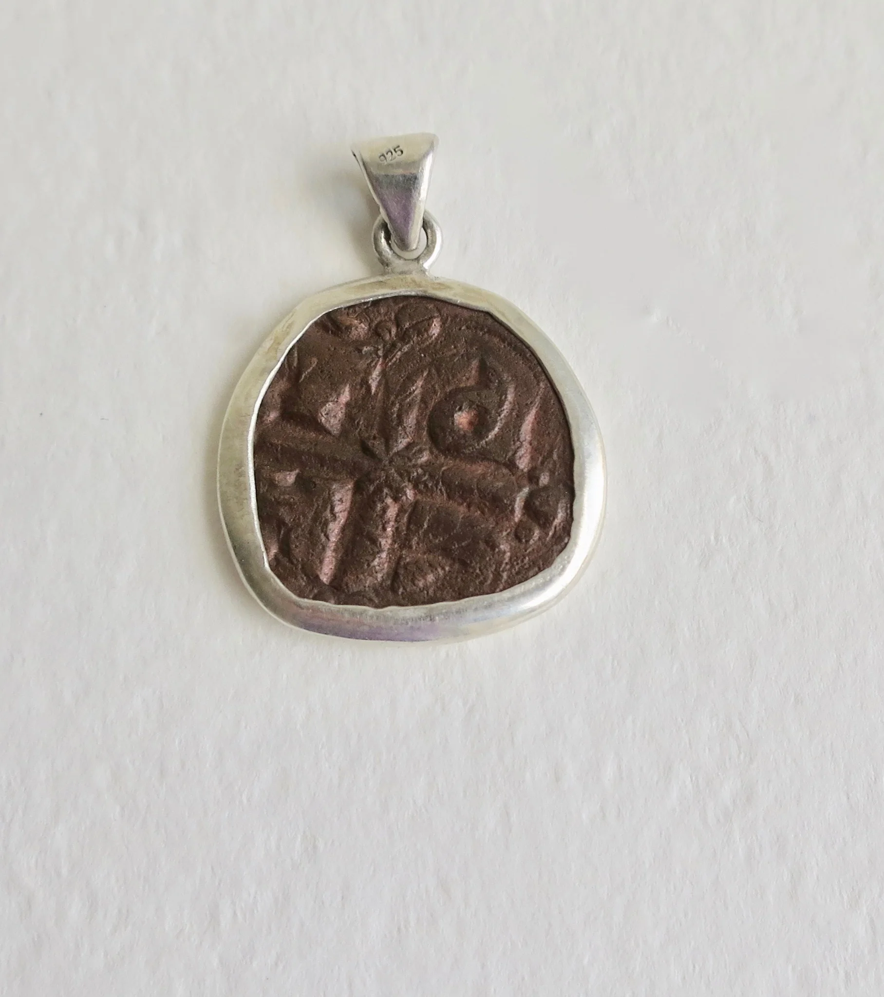 Byzantine bronze coin set in silver pendant