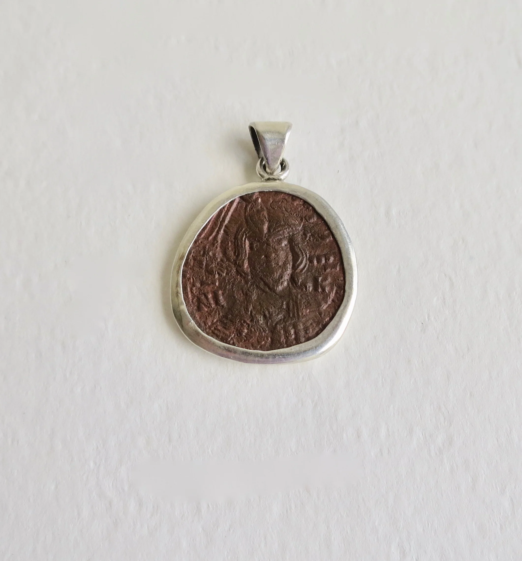 Byzantine bronze coin set in silver pendant  jewelry jewellery