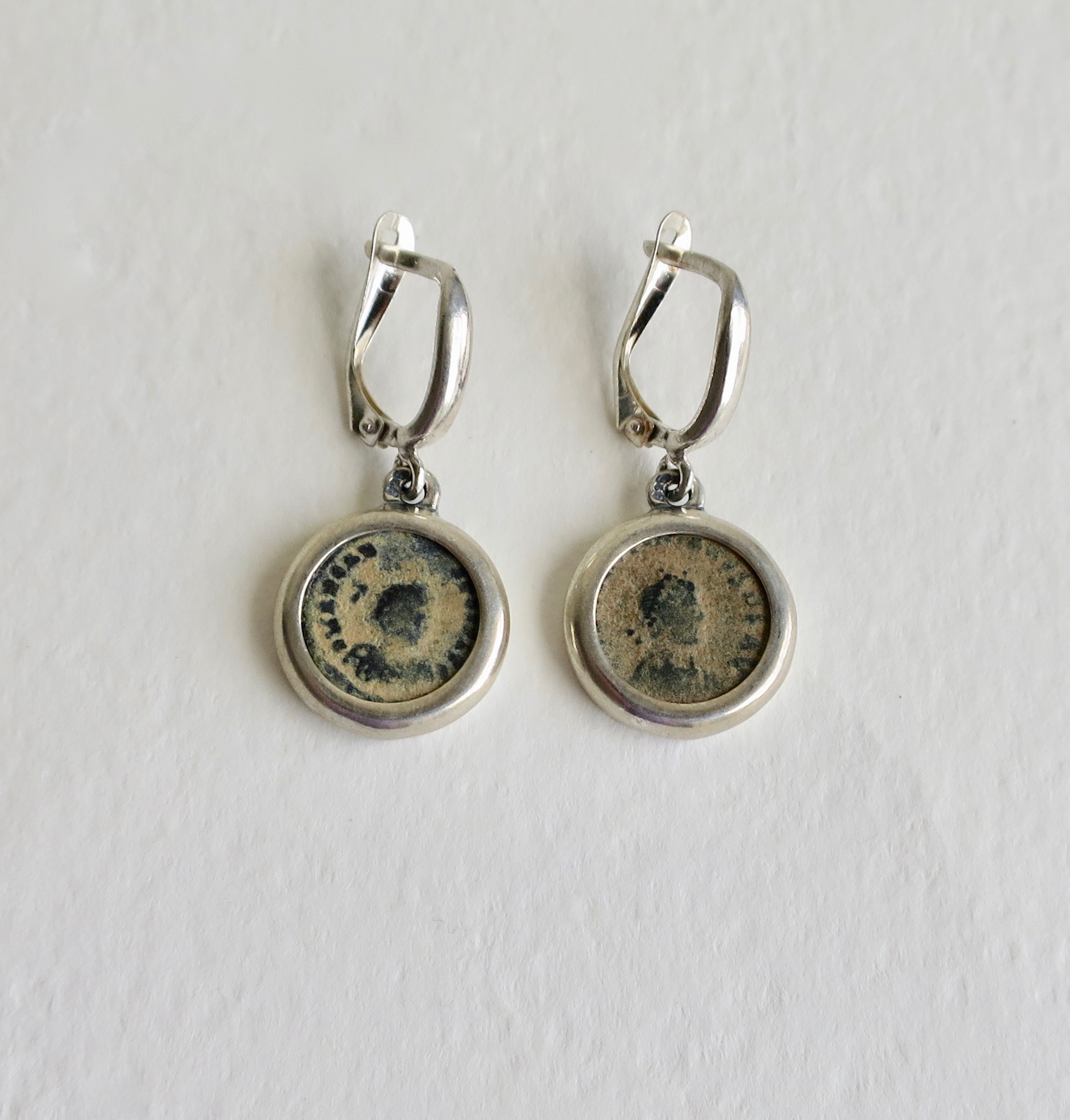 Bronze coin earrings, depicting Theodosius, set in silver Jewelry Jewellery