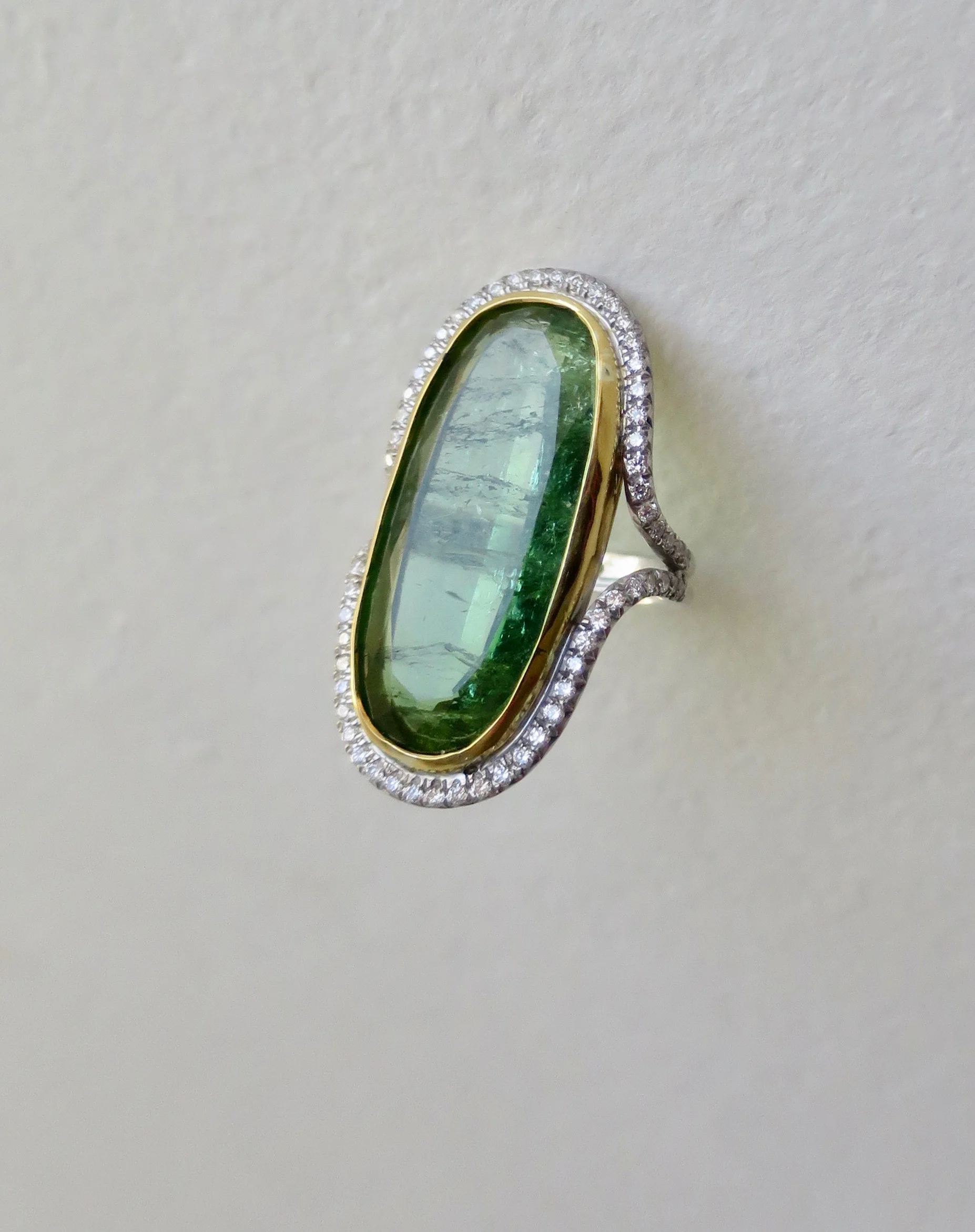 Green Tourmaline ring, Silver/22kt gold with diamonds