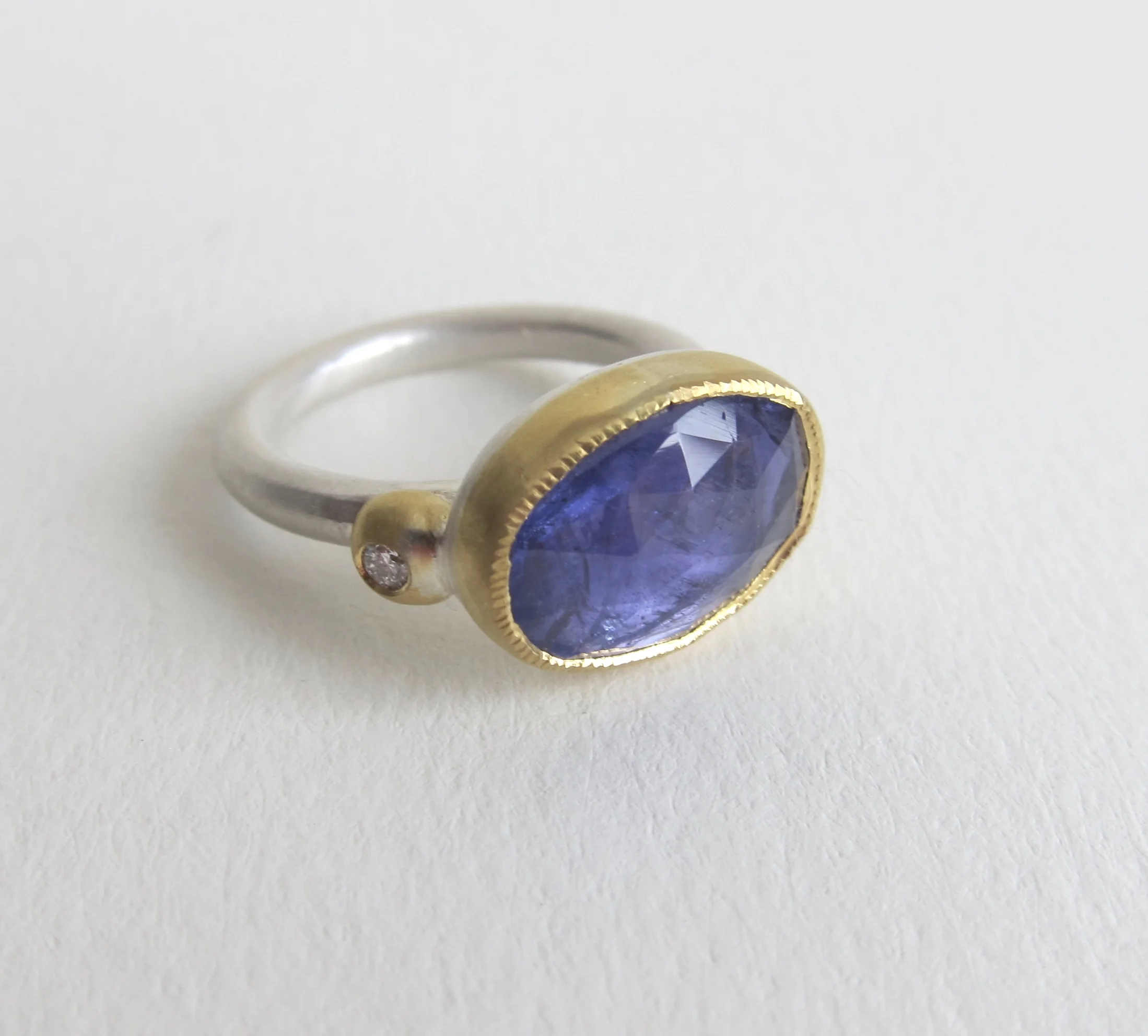 Jewelry Jewellery Tanzanite ring with diamonds, silver and with 22kt gold