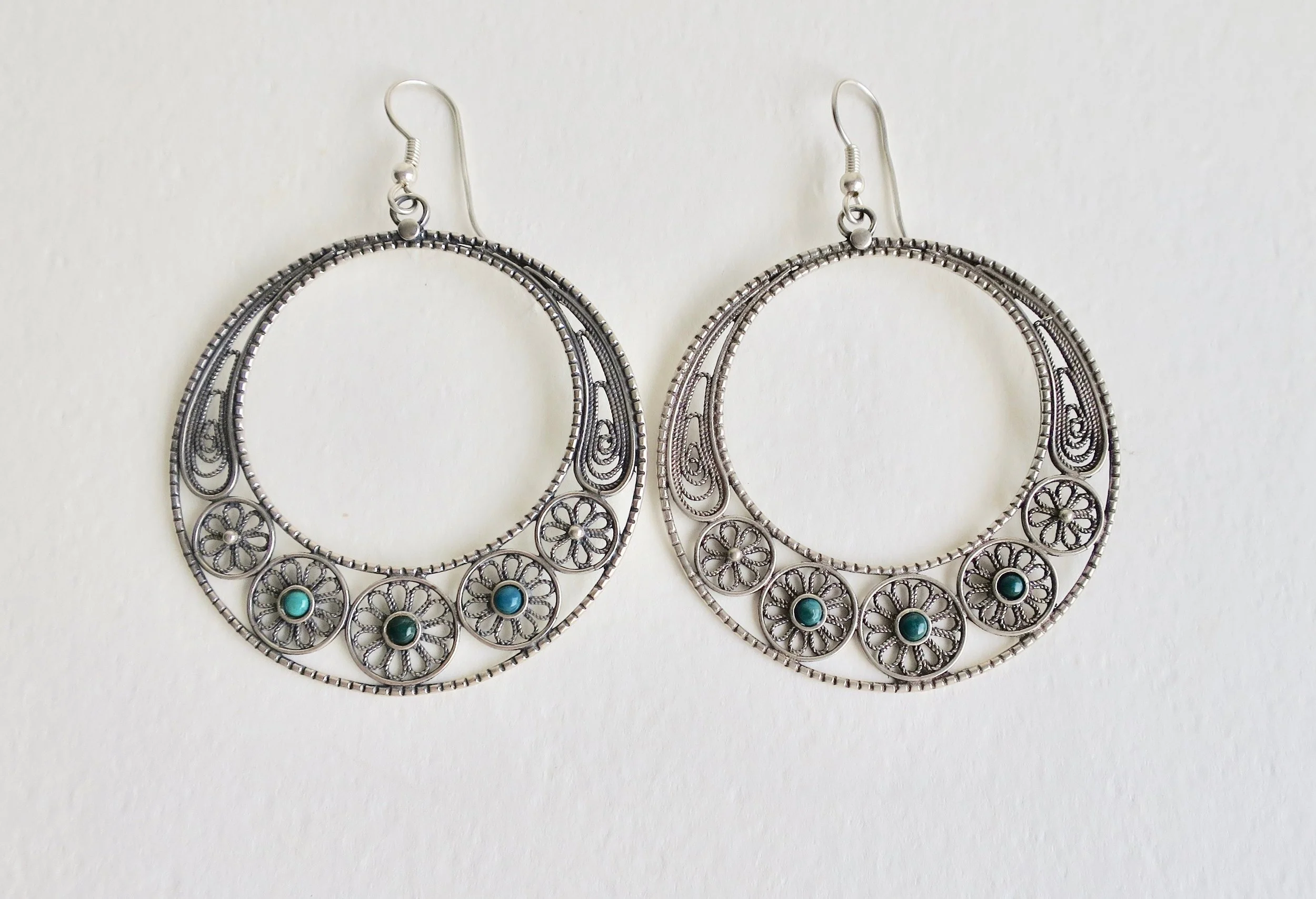 Large silver hoop earrings with Eilat stone 