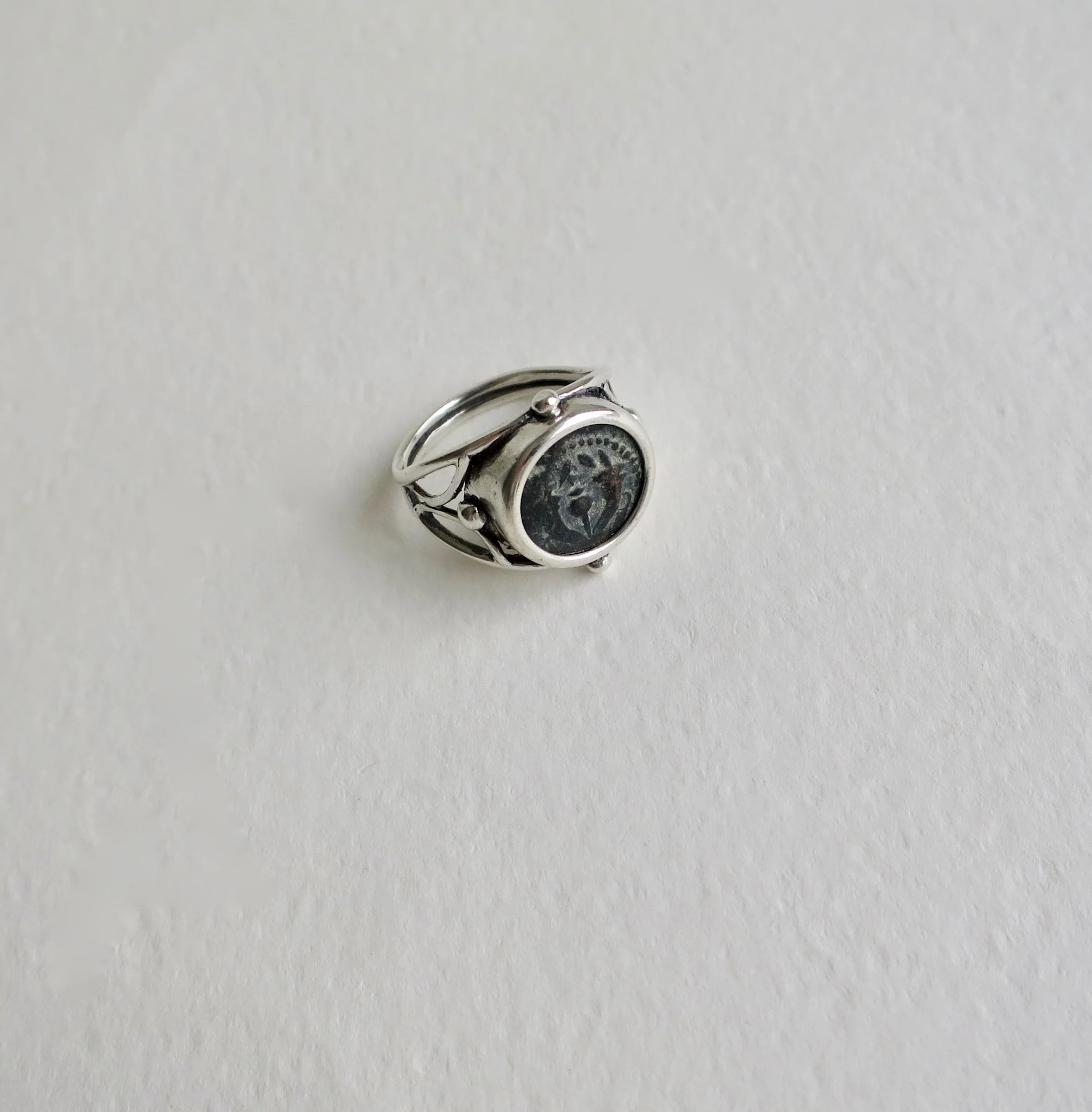 Widow's mite coin set in silver ring
