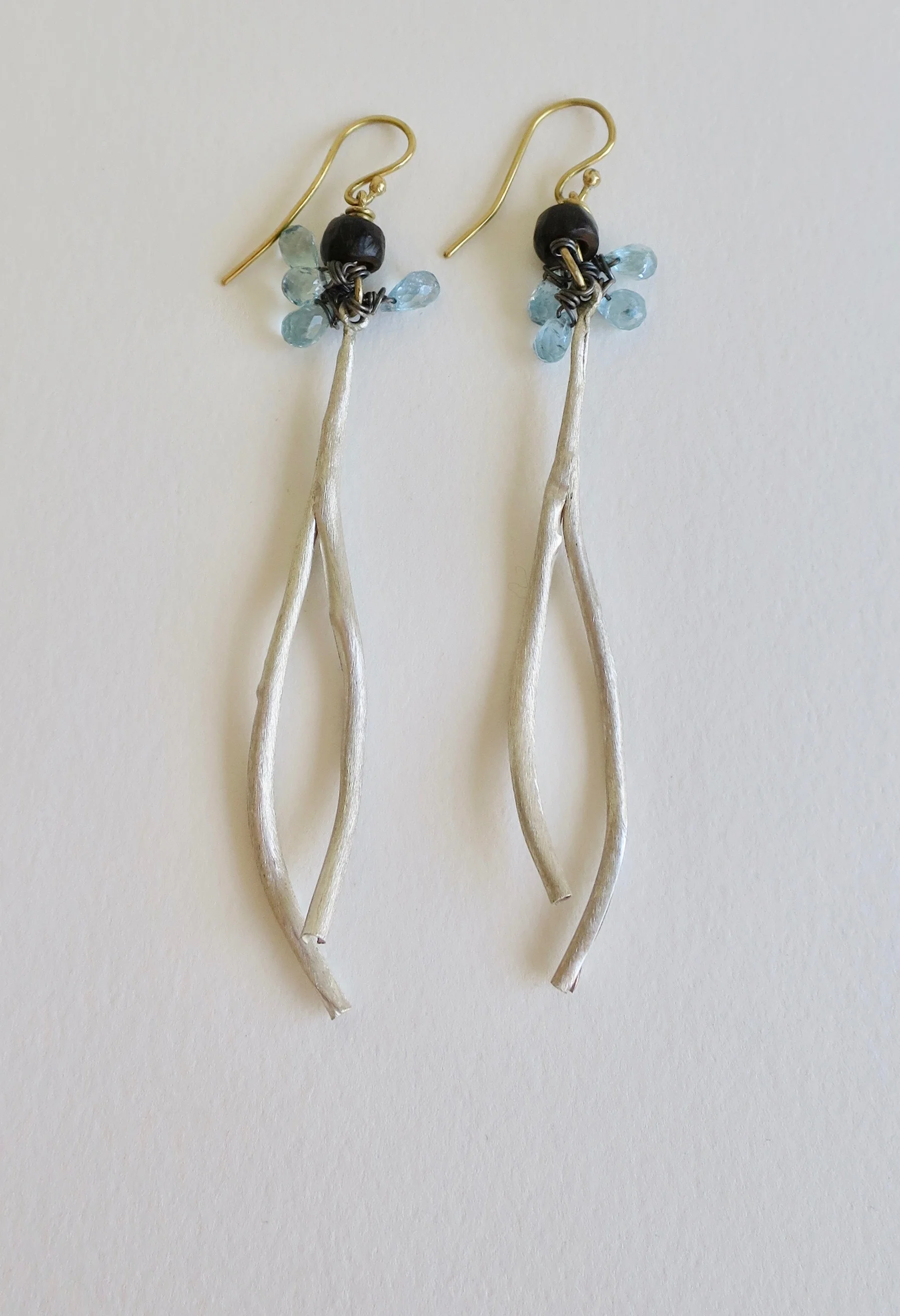 Long elegant silver earrings with Aqua Marine and Ebony and 18kt gold posts