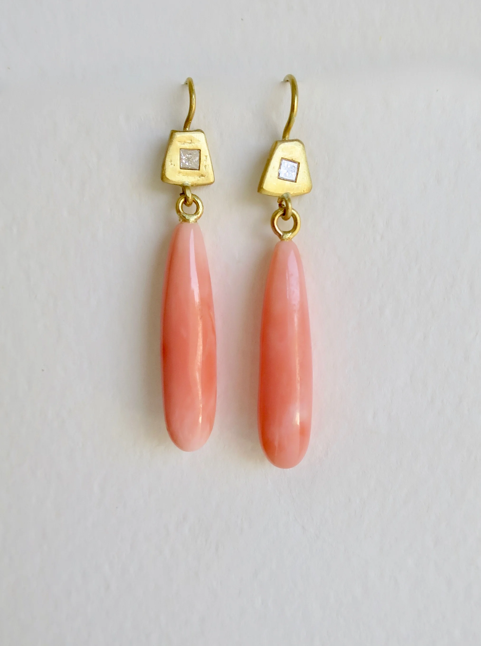 Slender coral drops with diamonds set in 22kt gold earring setting  Jewellery Jewelry