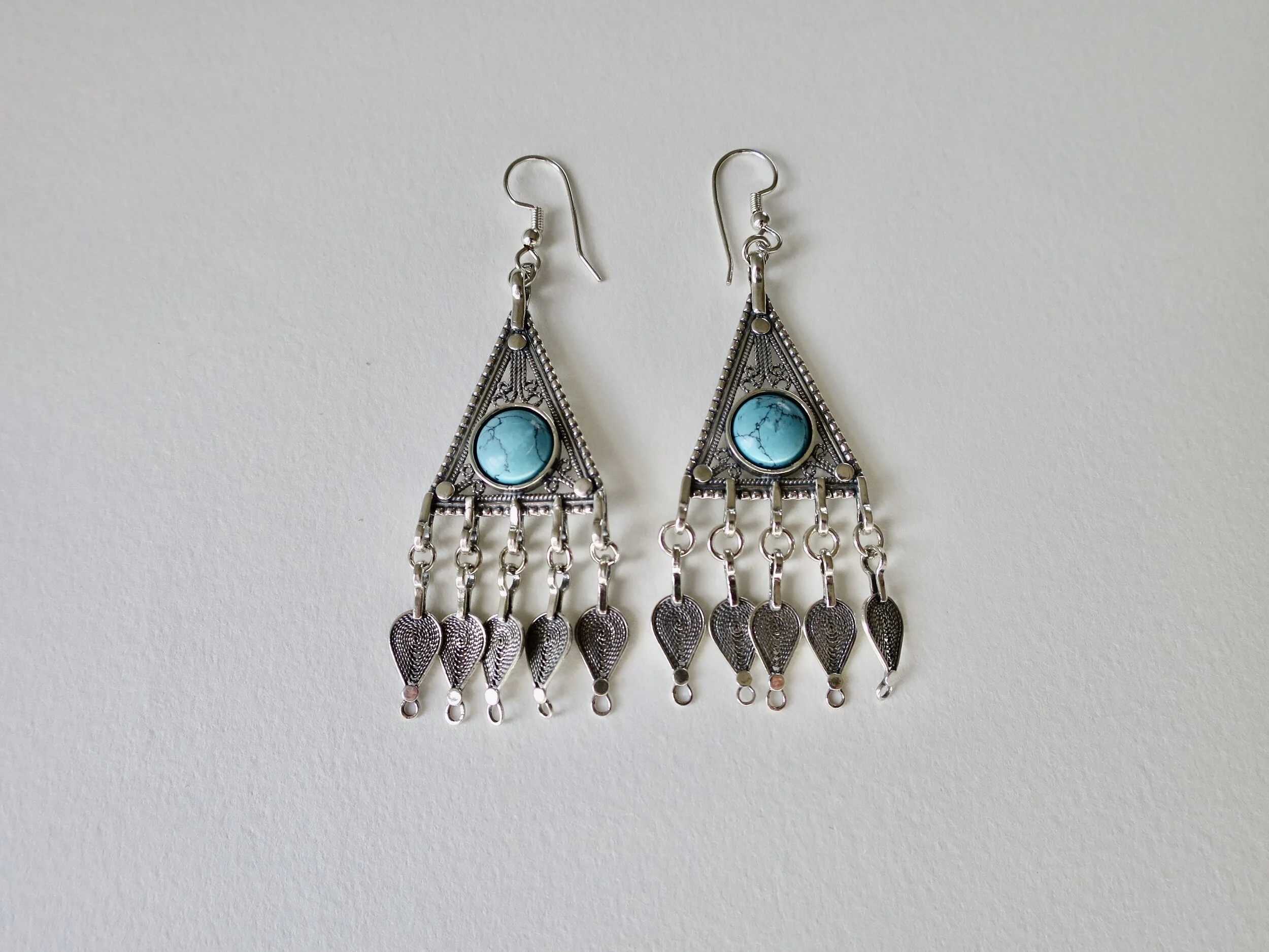 Yemenite design silver filigree earrings with Turquoise
