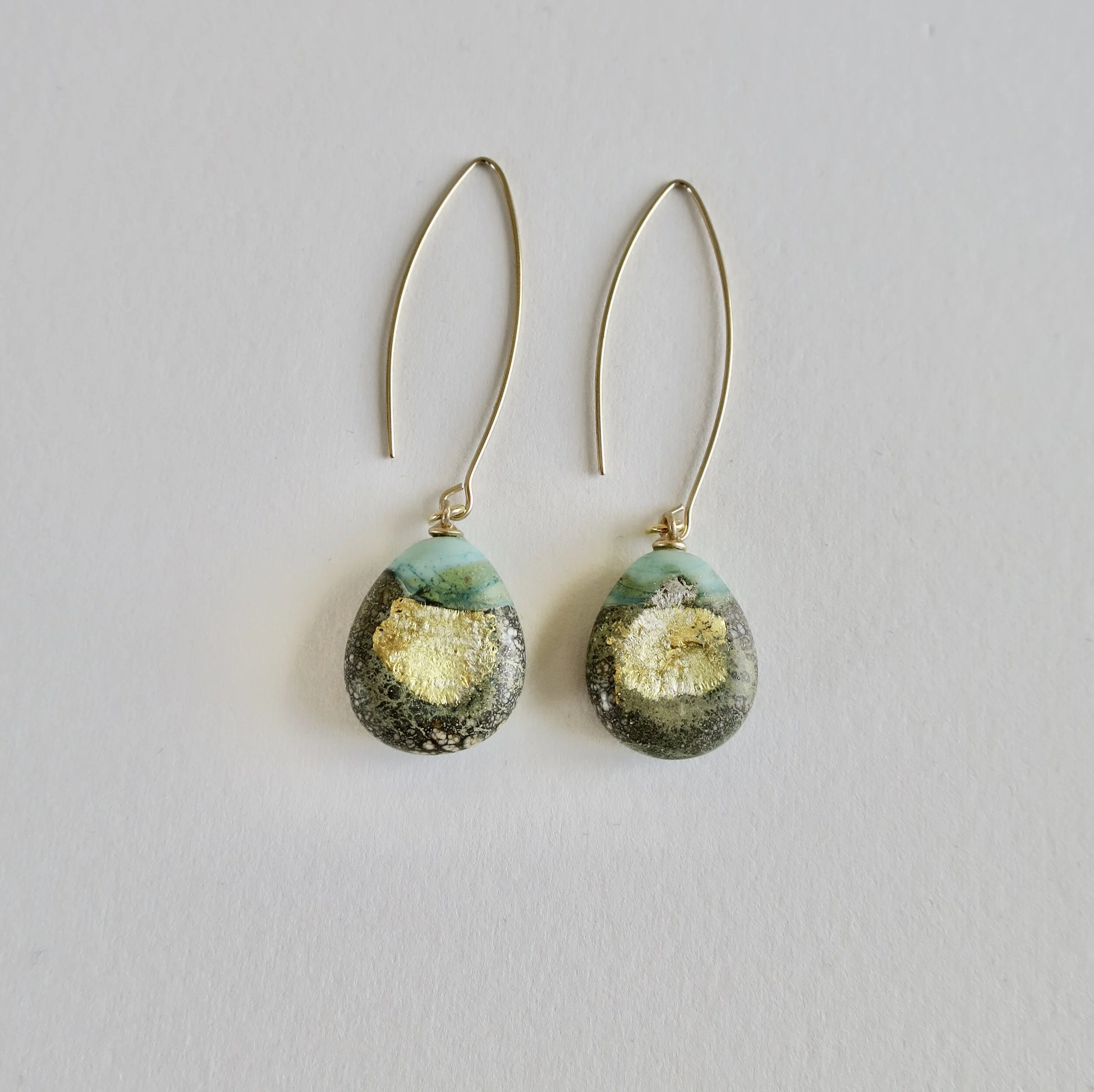  Turquoise blown glass earrings with 22kt gold leaf 