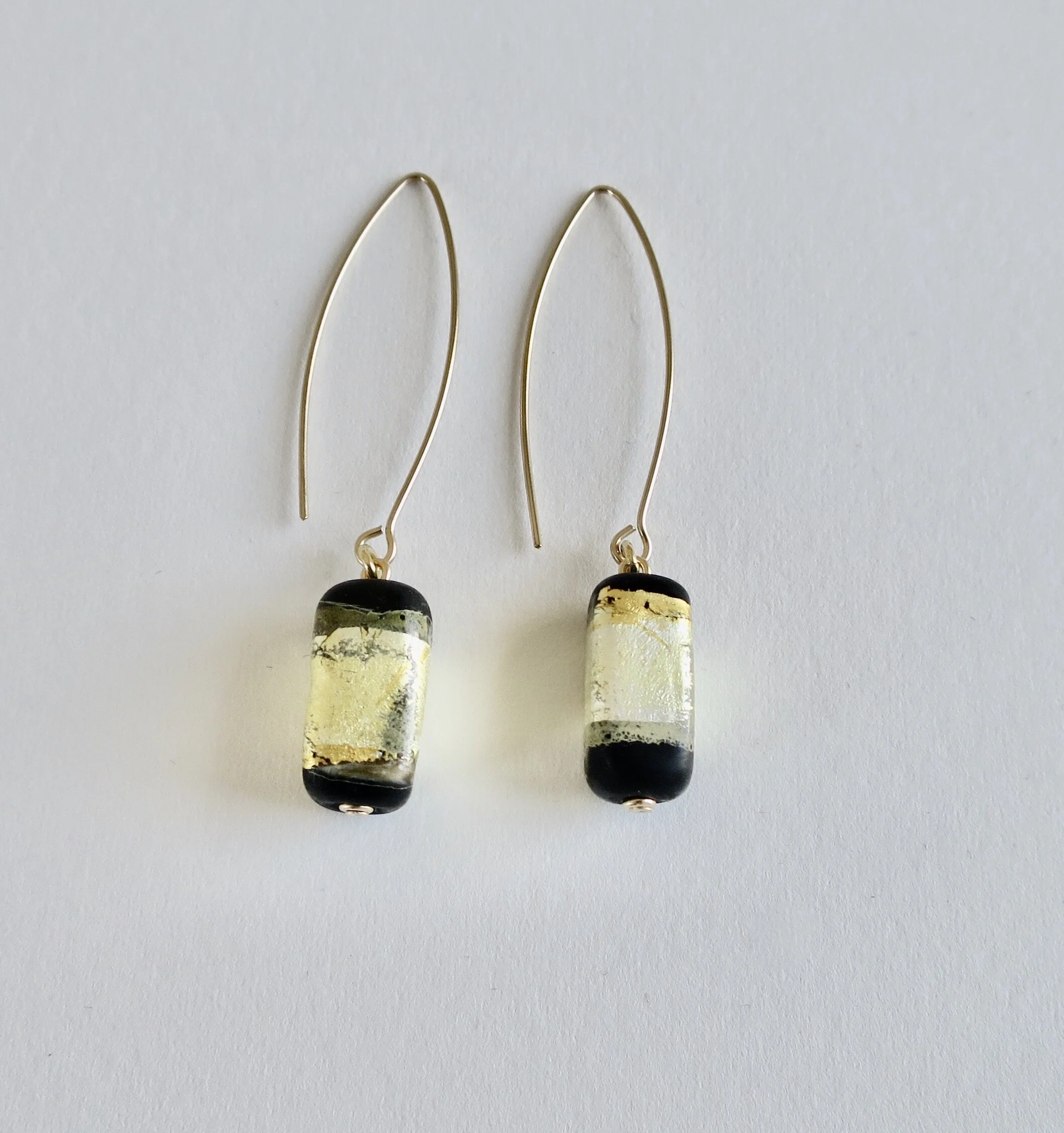   Blown glass earrings, black with 22kt gold leaf