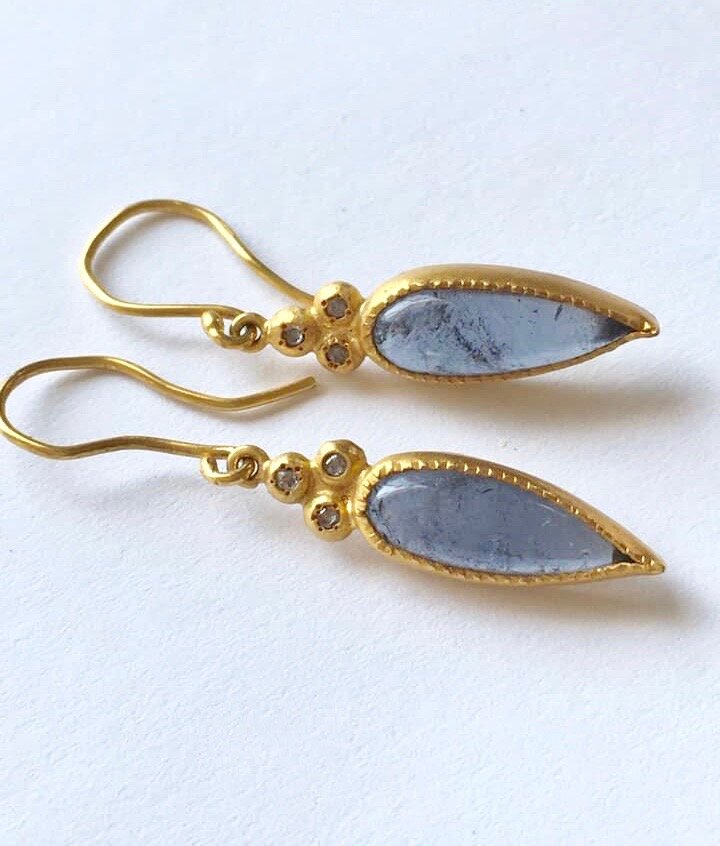 Brazilian blue Tourmaline earrings with diamonds, set in 22kt  gold.
