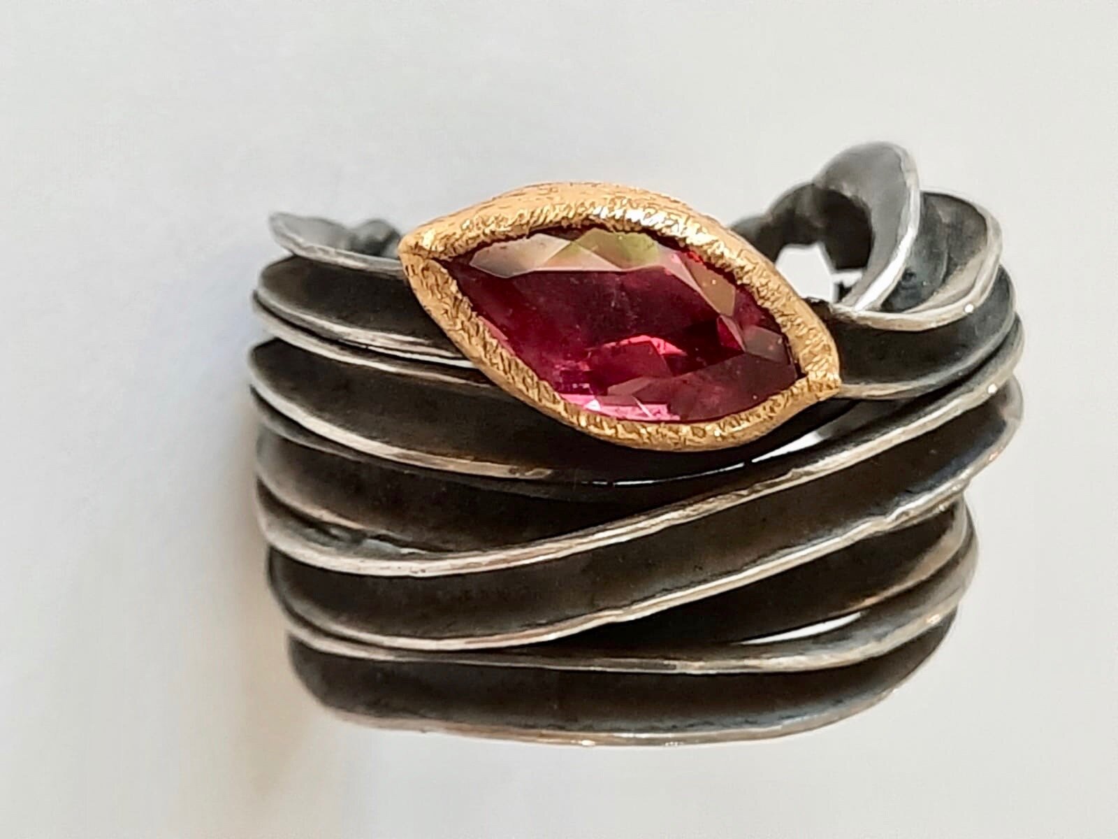 Oxidised pure silver ring with Red Tourmaline / 24kt gold