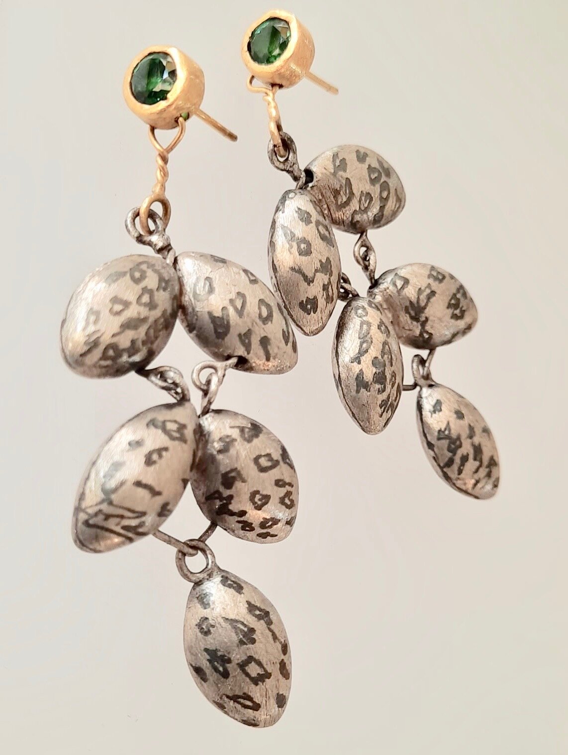 18kt gold and pure silver earrings with green Tourmaline