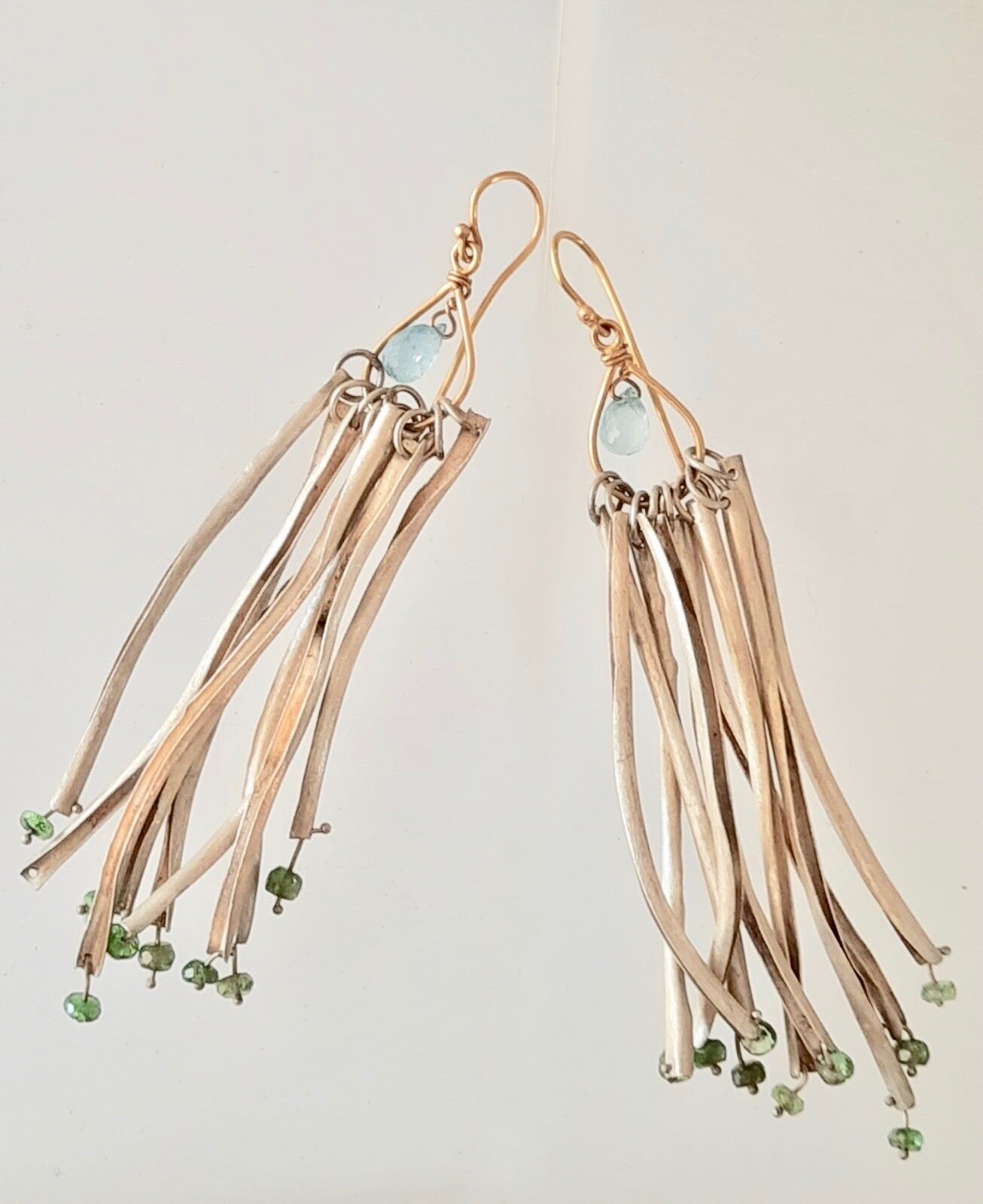 Long dangling earrings, 18kt gold, pure silver, Aquamarine and Tourmaline