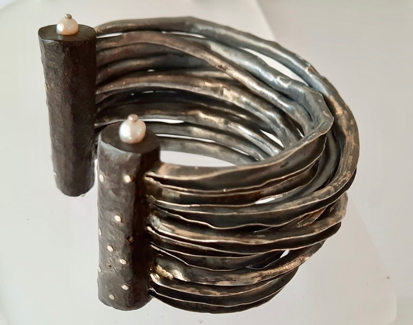 Oxidised pure silver cuff bracelet with Ebony and Pearls
