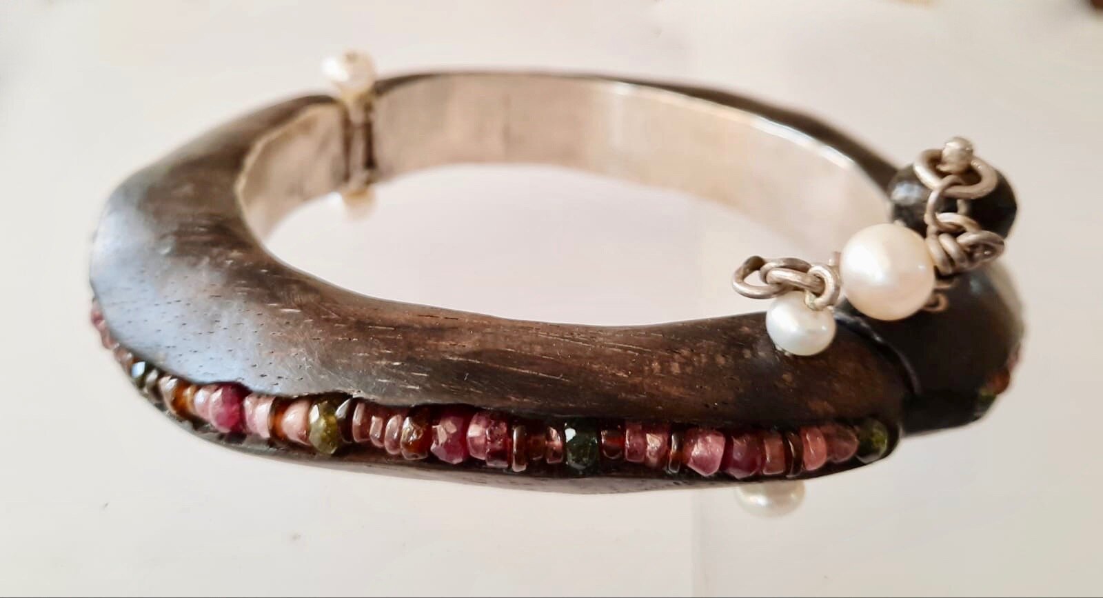 Ebony open cuff with pure silver, tourmaline and pearls