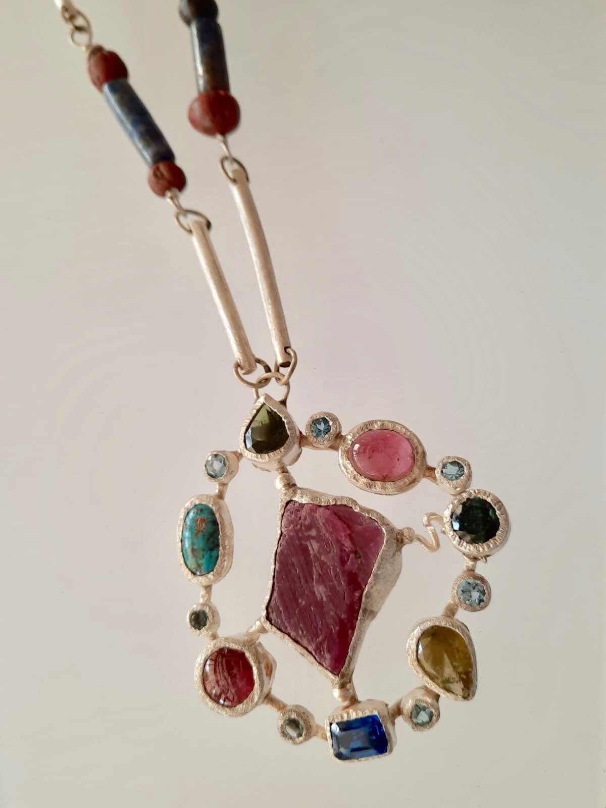 Long necklace with Ruby, Tourmaline, Aquamarine/ pure silver