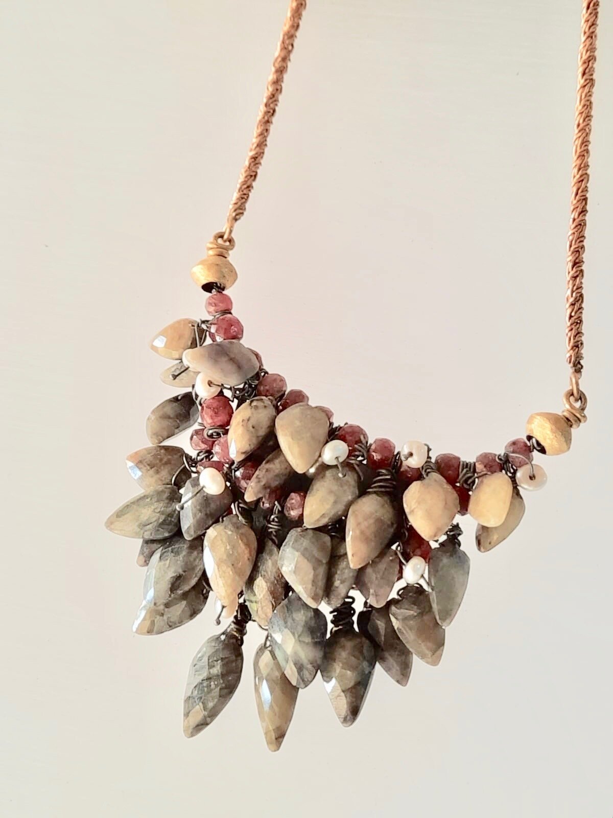  African Sapphire with 18kt Gold, Silver, Ruby and Pearls necklace