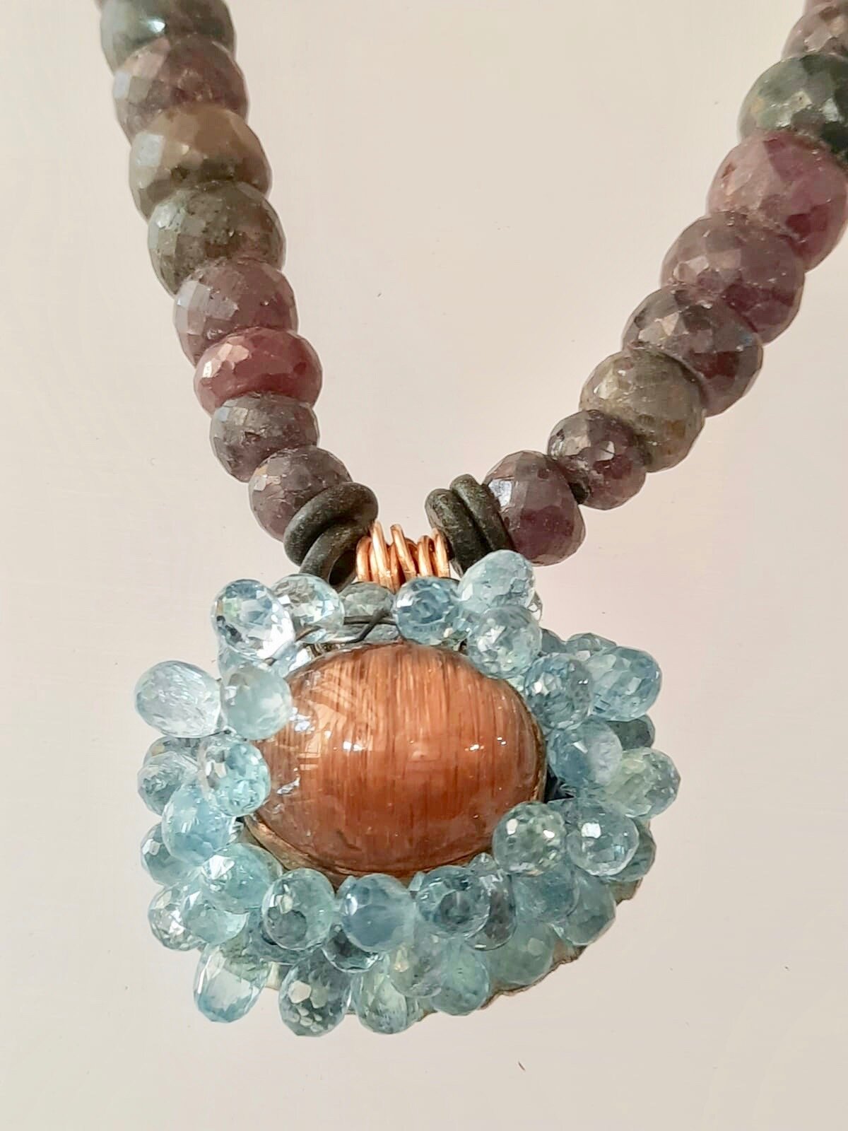 Necklace, 18kt Gold, Ebony, Aqua Marine, Rutilated Quartz