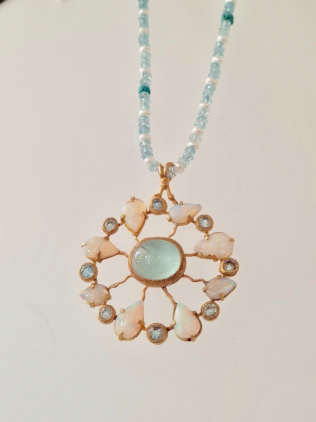  18kt Gold, Opal, Aqua Marine and pearls necklace