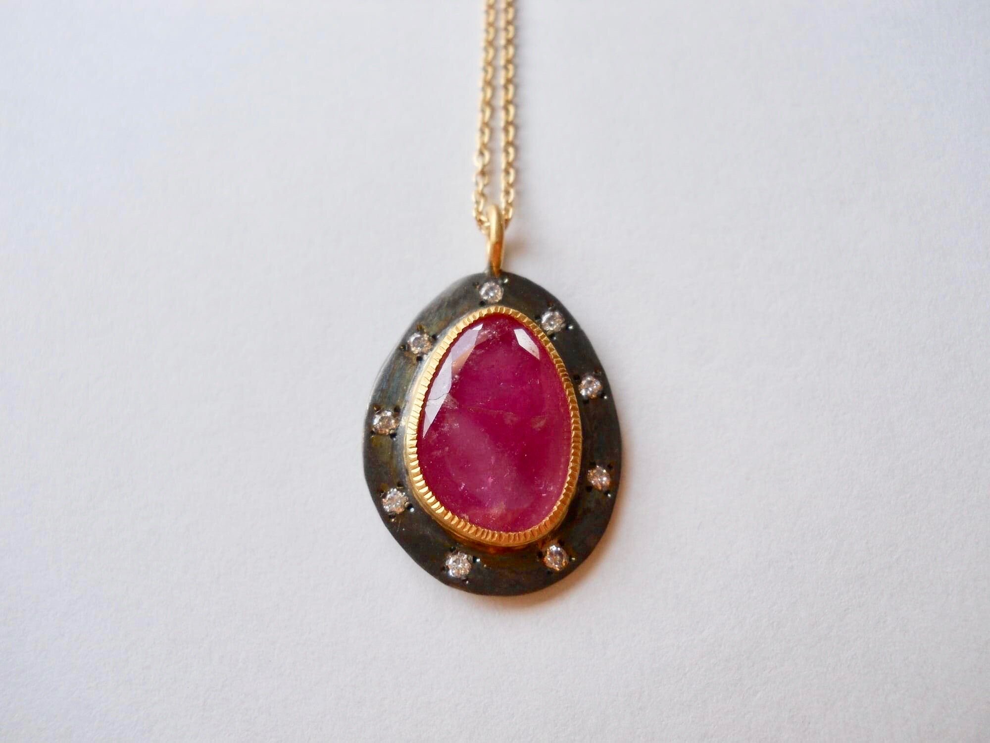 Pink Tourmaline pendant set in 22 carat gold / oxidised silver setting with diamonds      Jewellery    Jewelry