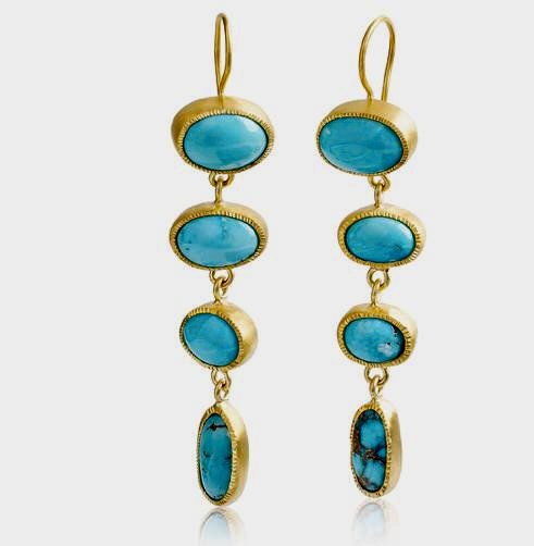 Elegant Natural Turquoise long earrings set in 22 carat gold