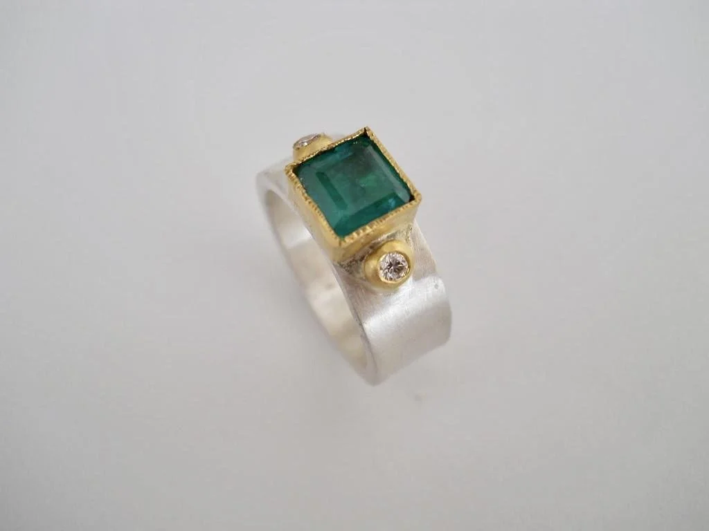 Silver and gold Zambian Emerald ring with diamonds