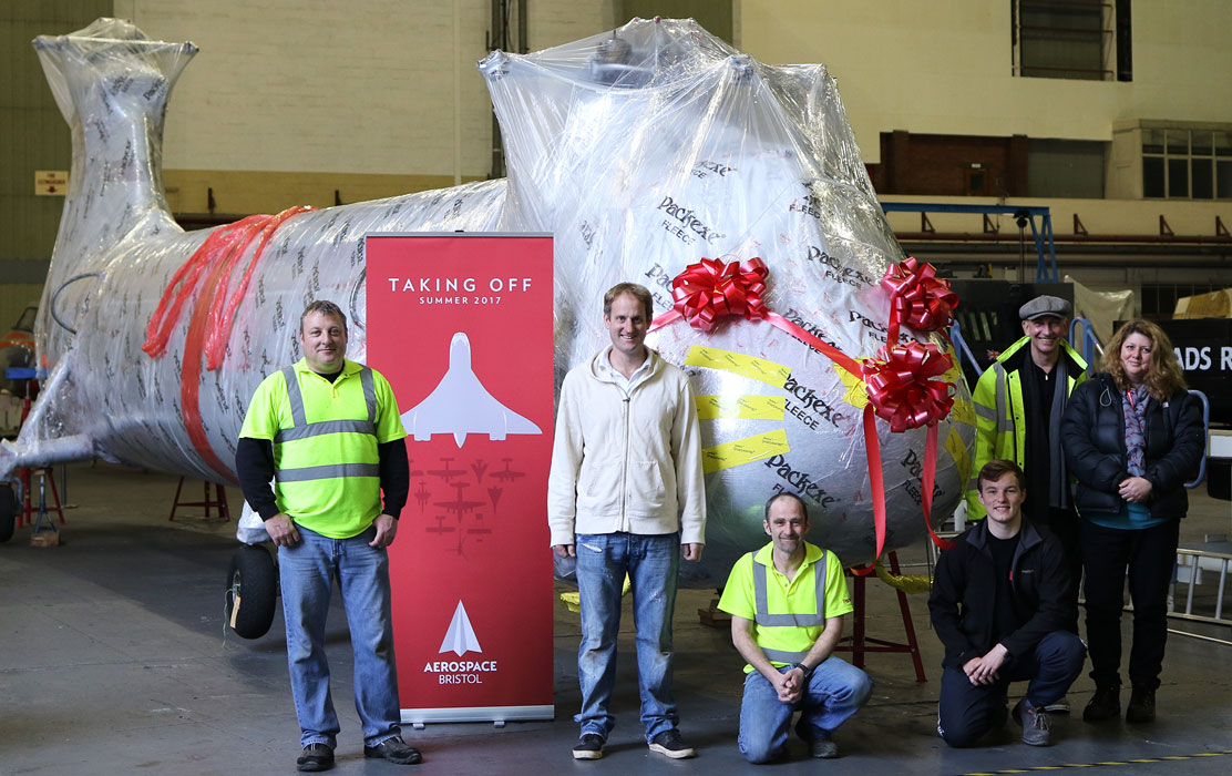 Linda Coode, Aerospace Bristol Collections Manager (far right) joins Andrew Orchard, CEO of Packexe (second from right) to celebrate a good job well done!