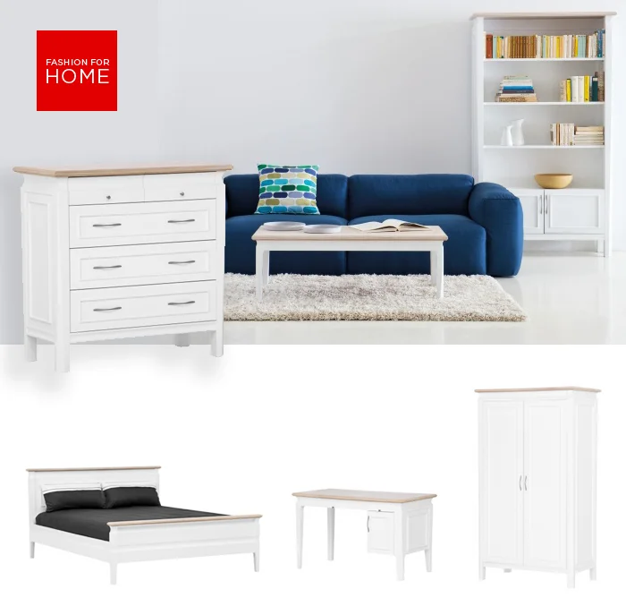 Pictured above (L-R) Precotto Bedroom - 5 drawer chest; Precotto Living - coffee table & bookcase Precotto Bedroom - bed with high foot; Precotto Living - writing desk; Precotto Bedroom - wardrobe