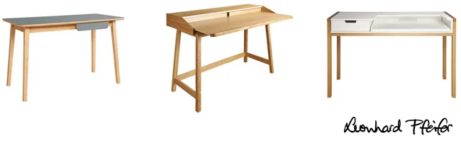 (L-R) Jedabo writing desk , in Oak and grey natural lino, Saint James Writing desk , in Oak and Farringdon Laptop desk in Oak and painted white.