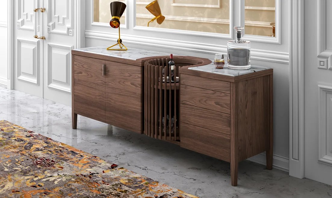 Carousel sideboard in solid walnut and silver marble top