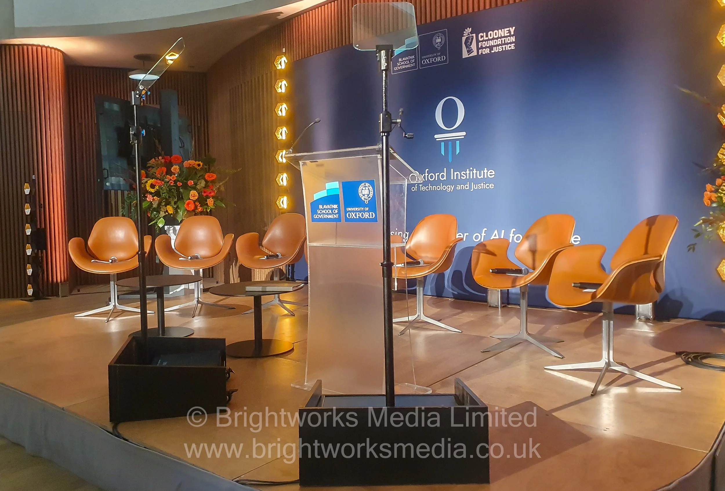 A pair of presidential event teleprompters set up an Oxford University for a presentation by the Clooney Foundation