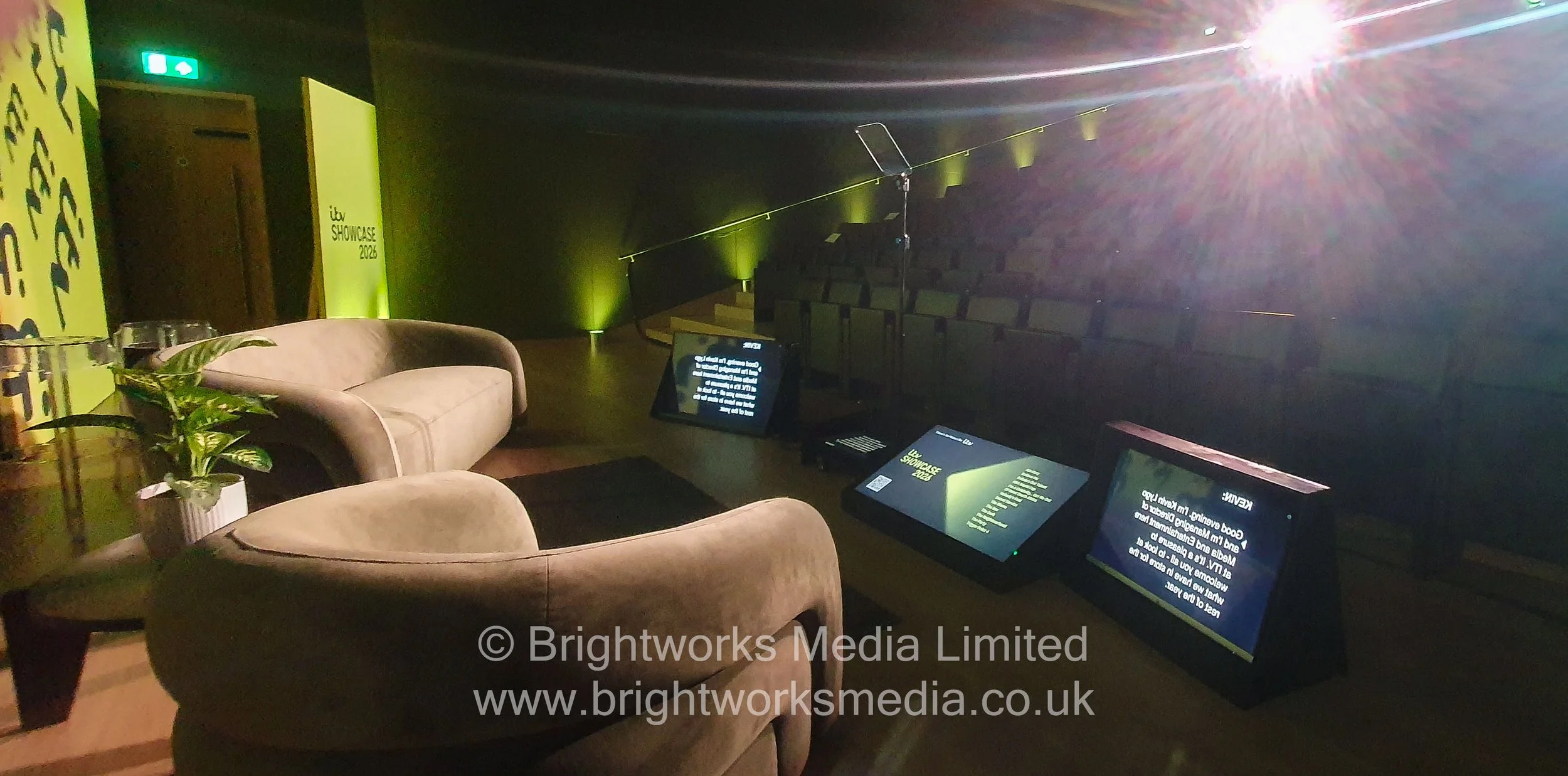 Large on-stage lyric teleprompters for the ITV Showcase in Kensington, West London