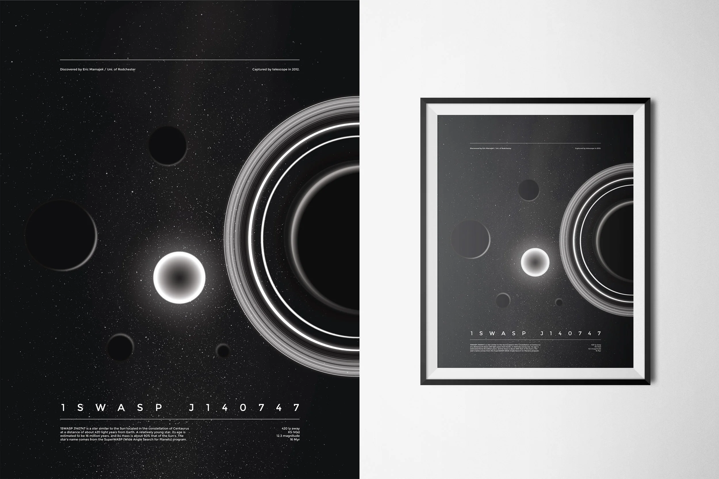 1SWASP J140747A star similar to the Sun located in the constellation of Centaurus at a distance of about 420 light years from Earth. A relatively young star, its age is estimated to be 16 million years, and its mass is about 90% that of the Sun's. T…