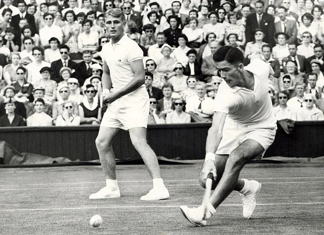 Lew Hoad (left) and Ken Rosewall (right) playing a doubles match. Image Source: Wikimedia Commons/State Library of Victoria