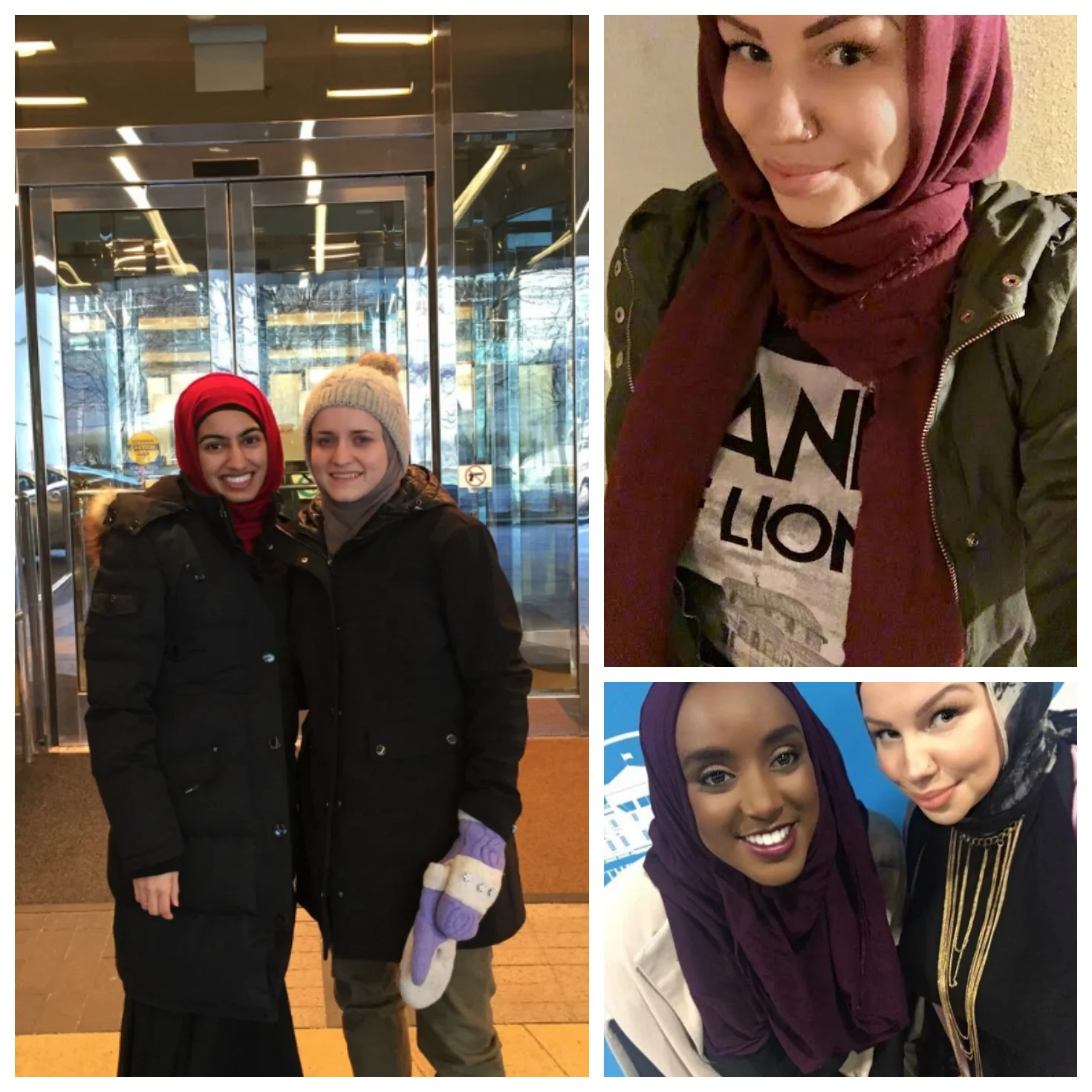 Clockwise: Bessma Khan Haider and Kaya Gravitter at MASICNA in Chicago, December 2016; Azmia Magane; Eman Bare and Azmia Magane at the White House Summit on Women, June 2016, Washington D.C.