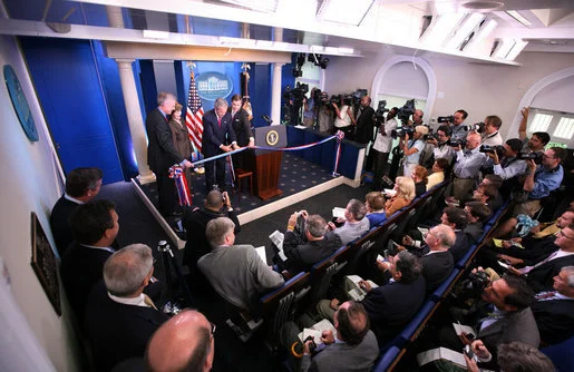 President George W. Bush and First Lady Laura Bush participate in the ribbon-cutting ceremony to officially open the newly renovated James S. Brady Press Briefing Room on July 11, 2007, at the White House. Credit: Wikimedia