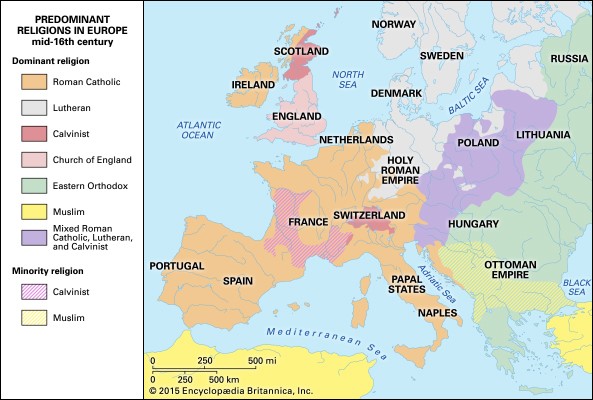 Within a few decades the Reformation had swept through much of Europe, changing how people exercised faith and understood life. In Germany and Scandinavia followers of the new approach were known as Lutherans, in Switzerland, Reformed, in Holland, Mennonites, in France, Huguenots, in England, Anglicans, in Italy, Waldensians. This map shows dominant affiliations in the mid-16th century.